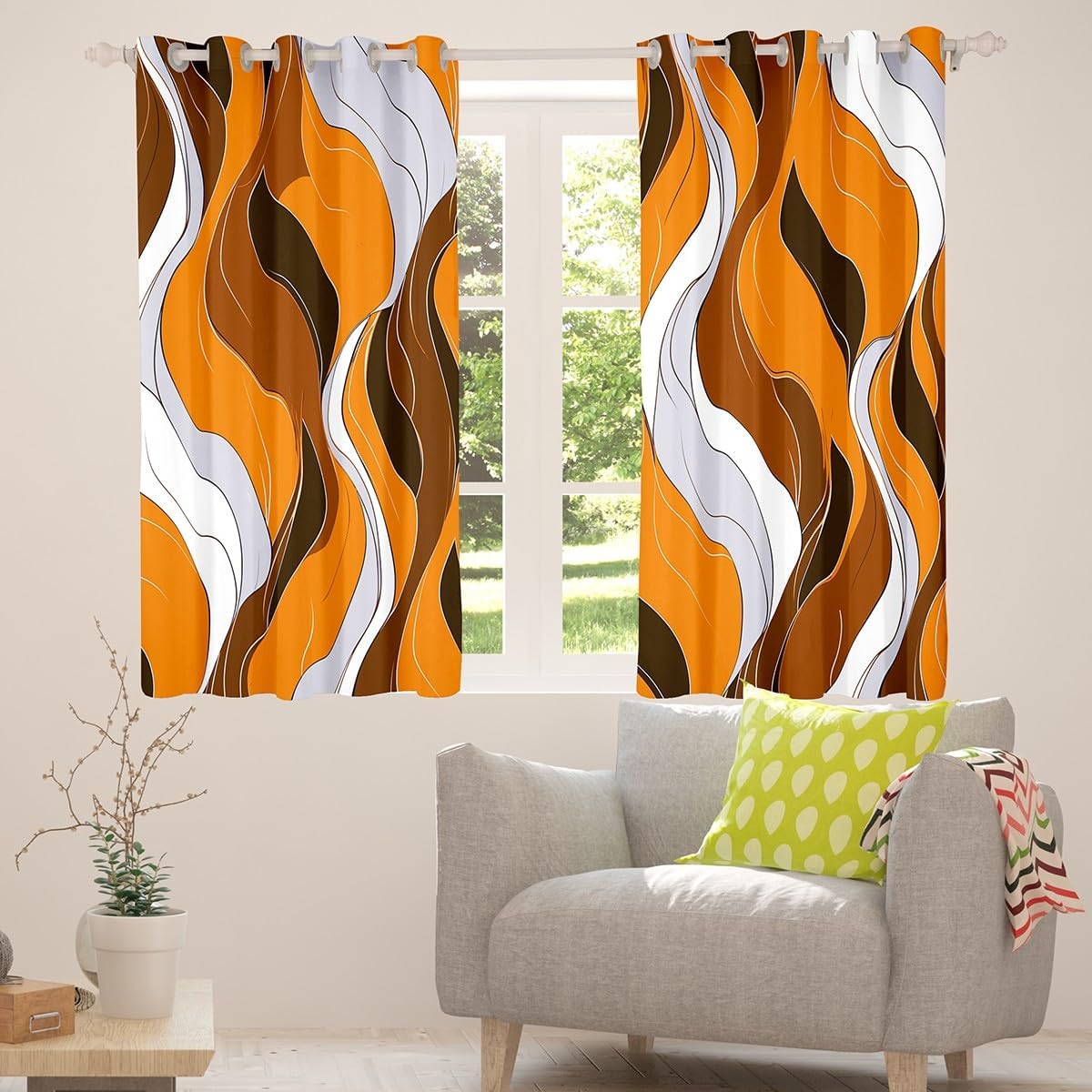Feelyou Orange Stripe Window Curtains Geometric Stripe Swirl Line Blackout Curtain Boys Retro Stripes Geometrics Darkening Drapes Geometric Trendy Window Treatments (2 Panels, 38 x 45 Inch)