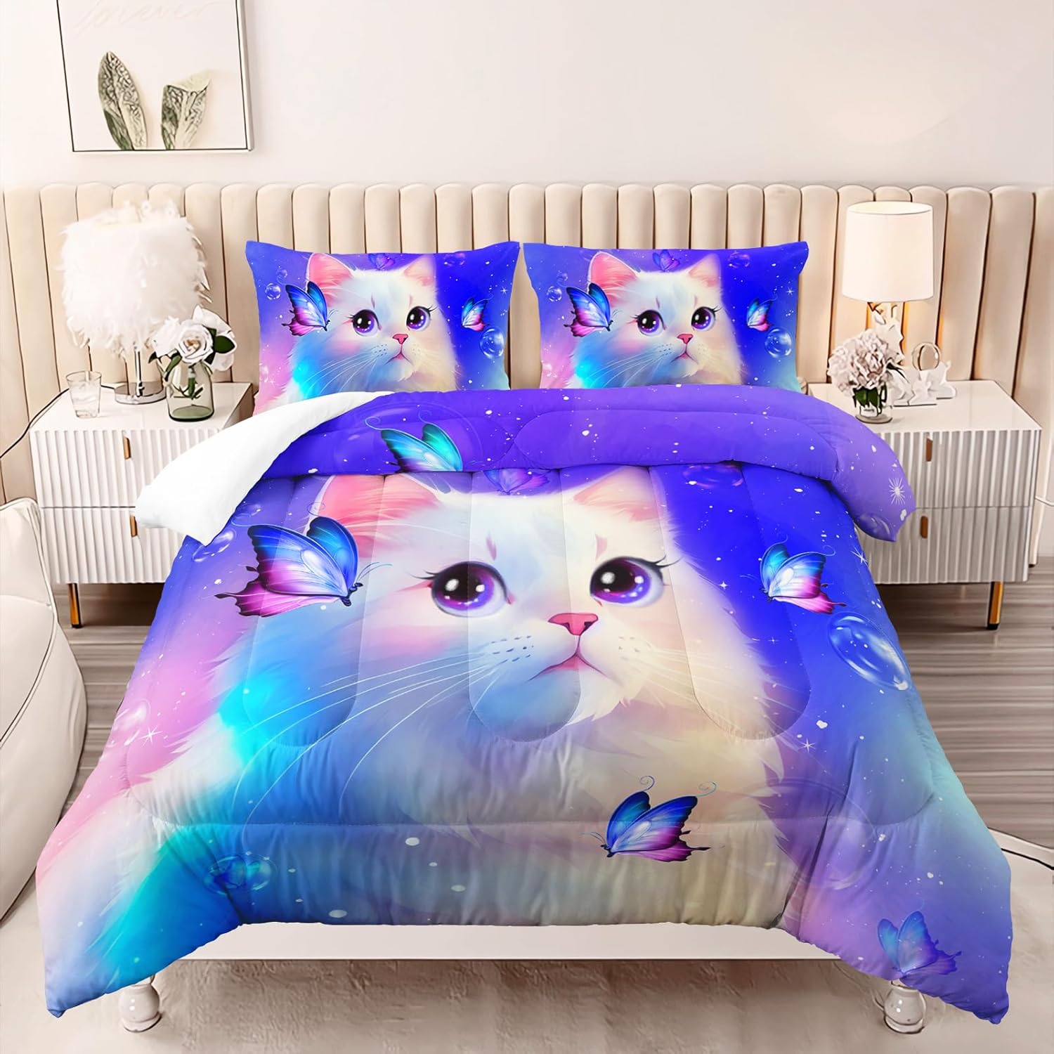 AILONEN Kids Cat Comforter Set - Twin Size, Cute White Cat Bedding Set for Girls and Boys, Purple Tint Duvet Set, 3 Pieces - 1 Quilt and 2 Pillowcases