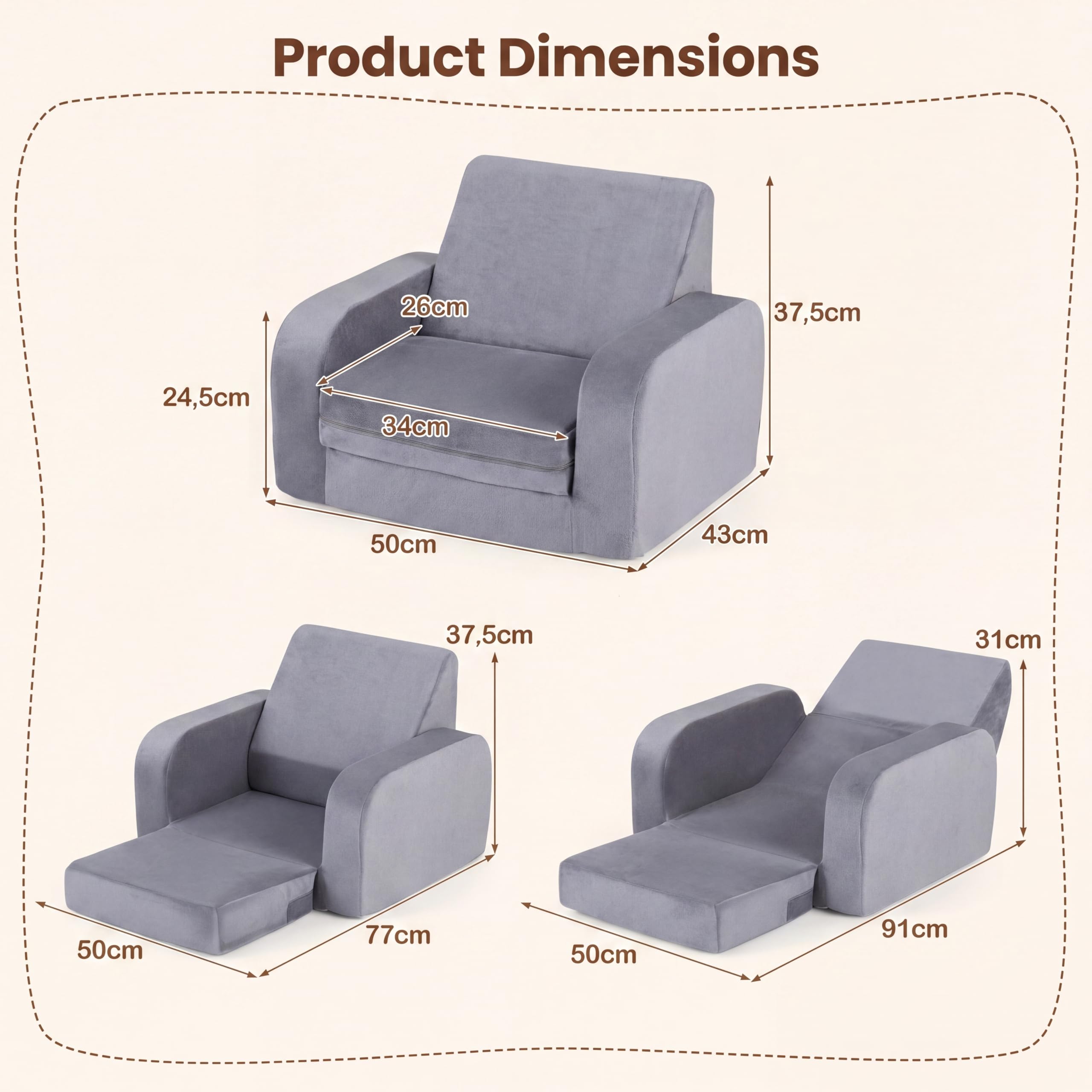 LIFEZEAL Canapé Enfant Depliant 3 en 1, Mini Canapé Enfant Pliable avec Housse Amovible en Velours Cristal, Canapé-lit en Mousse, Fauteuil Bebe pour Chambre et Salle de Jeux (Gris, Plié en 3)