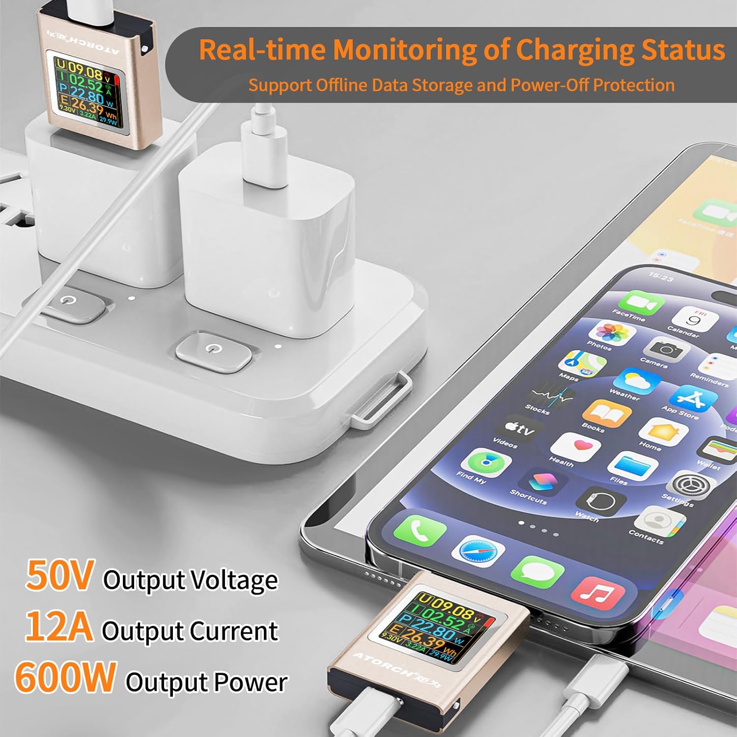 The USB C Power Meter Tester connected between a wall charger and a smartphone, displaying real-time charging status with 50V output voltage, 12A output current, and 600W output power indicated.