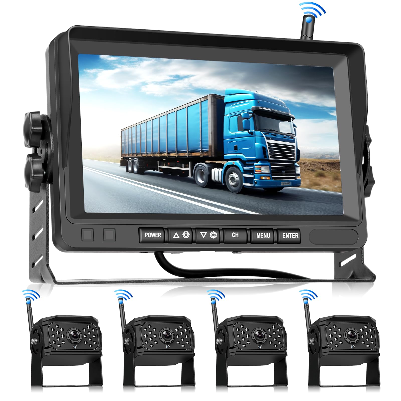 Hodozzy Digital Wireless Reversing Camera Kit Monitor 4 Cameras Split Screen 7 Inch Waterproof Night Vision Front Rear Side View Camera for Trailer Truck Camper 12V-24V-36V Recording Video Playback