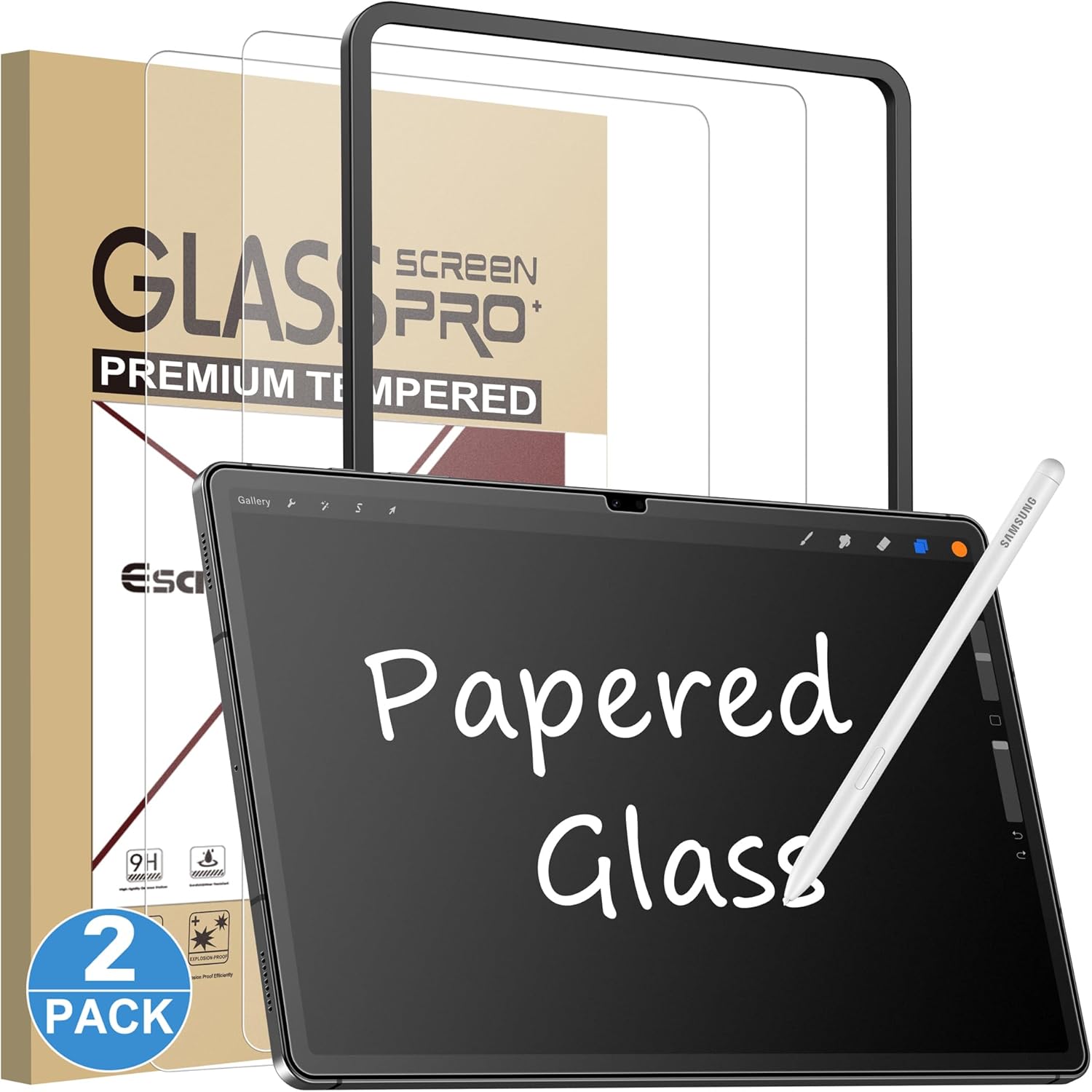 esanik 2 pack like paper glass screen protector for samsung galaxy tab s10 plus / s9 plus / s9 fe plus (12.4 inch) 9h tempered glass film with alignment frame, writing like on paper, anti glare