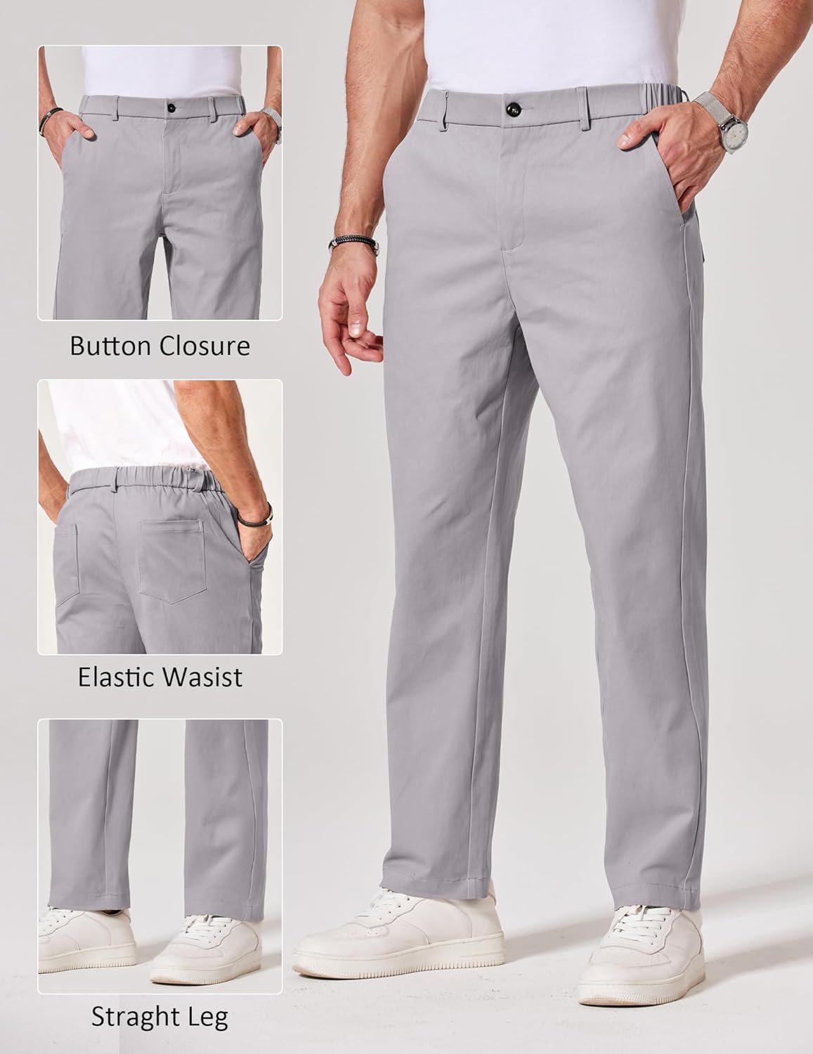 COOFANDY Men's Chinos Pant Elastic Waist Trousers Slim Fit Casual Business Dress Pants Pull On Golf Pants Light Gray - Image 4