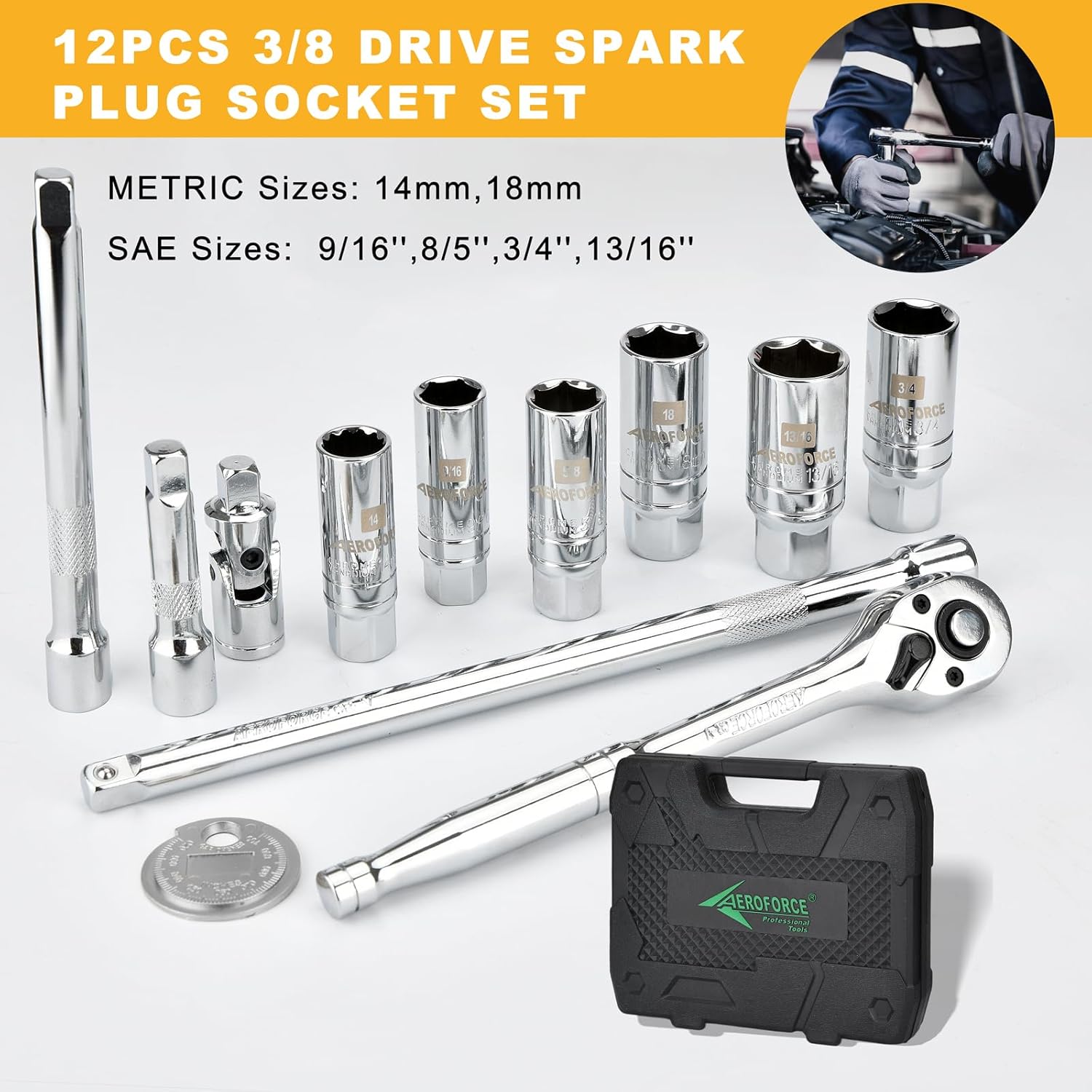 AEROFORCE 12PCS 3/8" Drive Spark Plug Socket Set with Ratchet Handle, Universal Joint, Extension Bar & Spark Plug Gapper, Fits 9/16", 5/8", 3/4", 13/16", 14mm, 18mm, CR-V Steel with Rubber Holder Ring