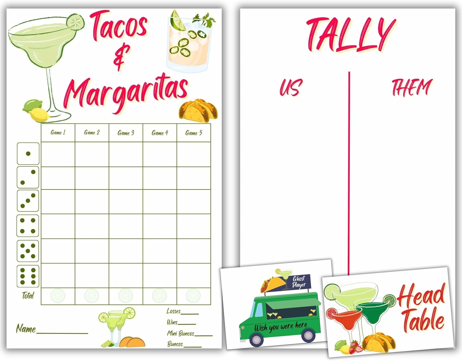 Tacos and Margaritas Bunco Theme Set, Fiesta Bunco Score Sheets, Tally Sheets, Table Cards, Ghost Player Card, Cinco de Mayo Bunco Party Game Kit