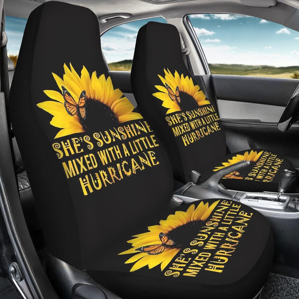 BIGCARJOB She's Sunshine Sunflower Car Seat Cover,Pack of 2 Universal Front Seat Protective Cover,Fashion Bucket Seat Cover for Women