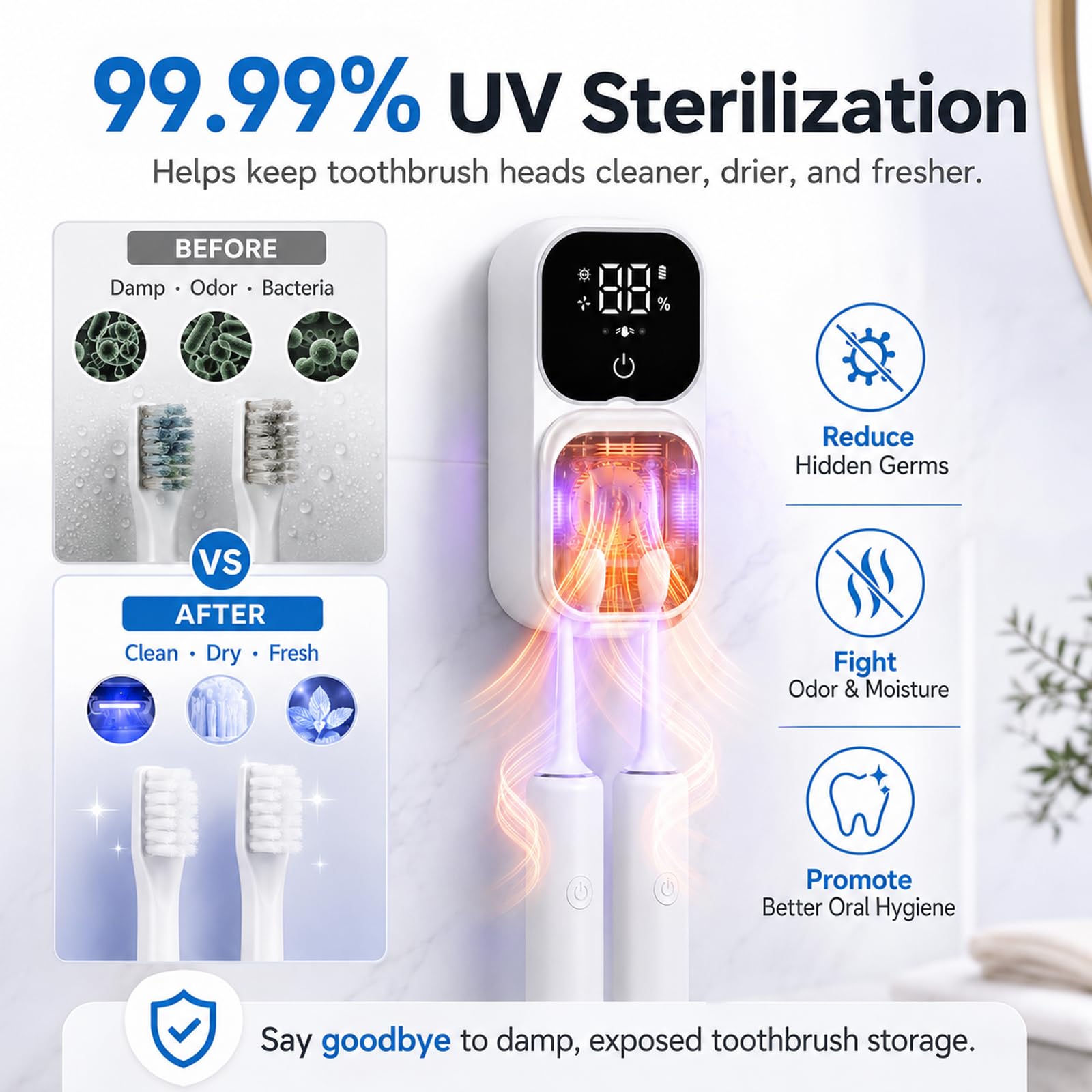 Soporte para cepillo de dientes montado en la pared, fundas para cepillos de dientes con 2 ranuras para cepillos de dientes, caja de limpieza portátil para cepillos de dientes eléctricos y manuales