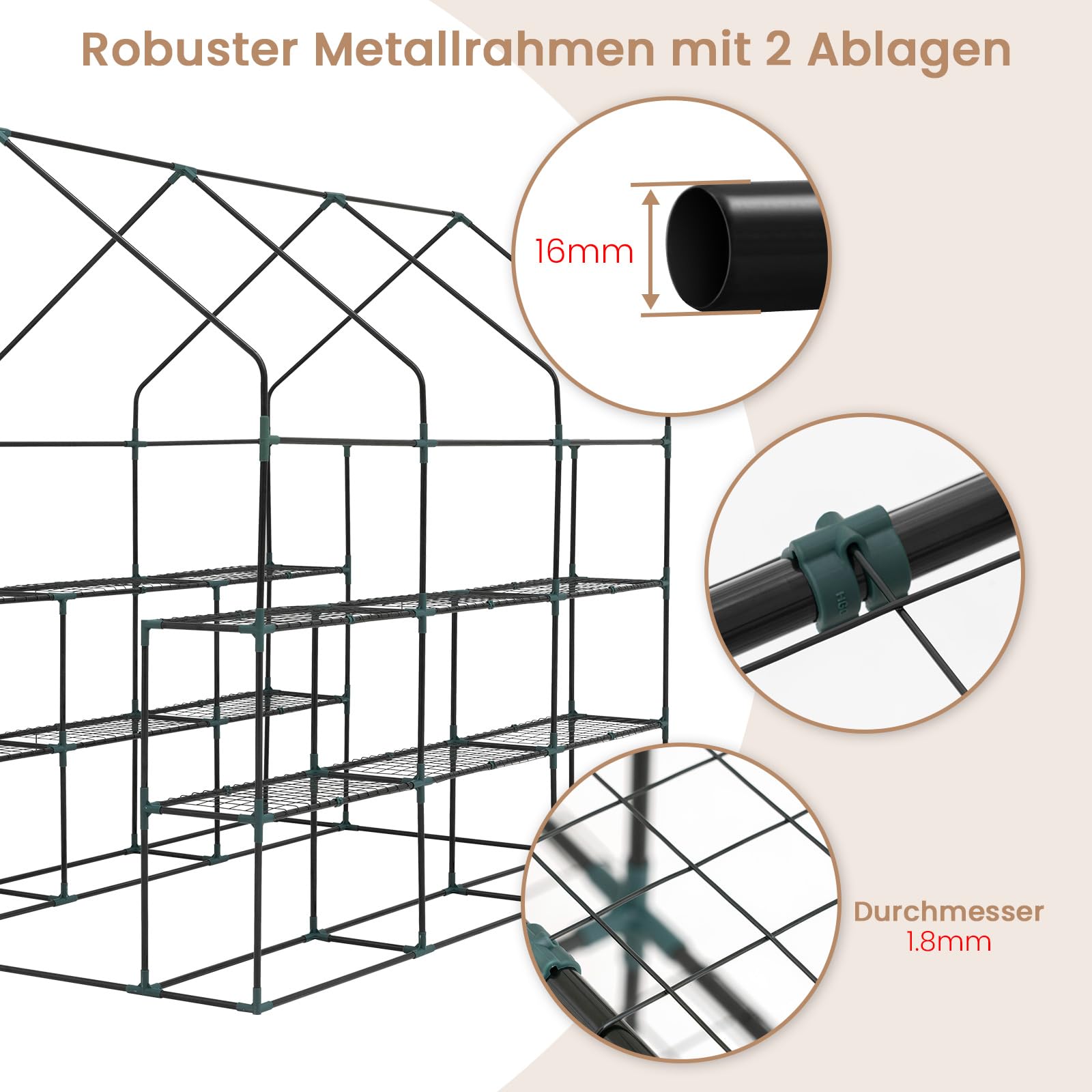 WOLTU Foliengewächshaus, Tomatengewächshaus mit 3 Ablagen, Windfest & UV-beständig, 143x195x216cm Metallgestell Gewächshaus für Garten und Balkon, zum Frühbeet, für Gemüse und Blumen, Grün