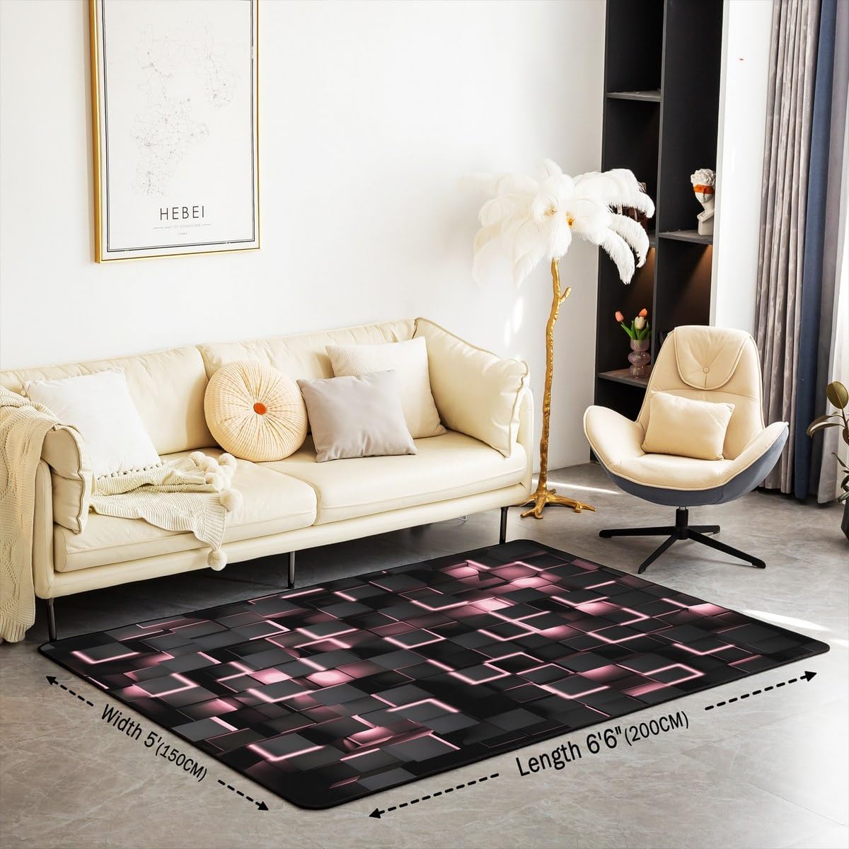 Feelyou Pink and Black Rugs for Living Room Bedroom 5x7 Light Geometric Area Rug for Kids Boys Girls Decor Decorative Carpet Set Modern Style Indoor Floor Mat