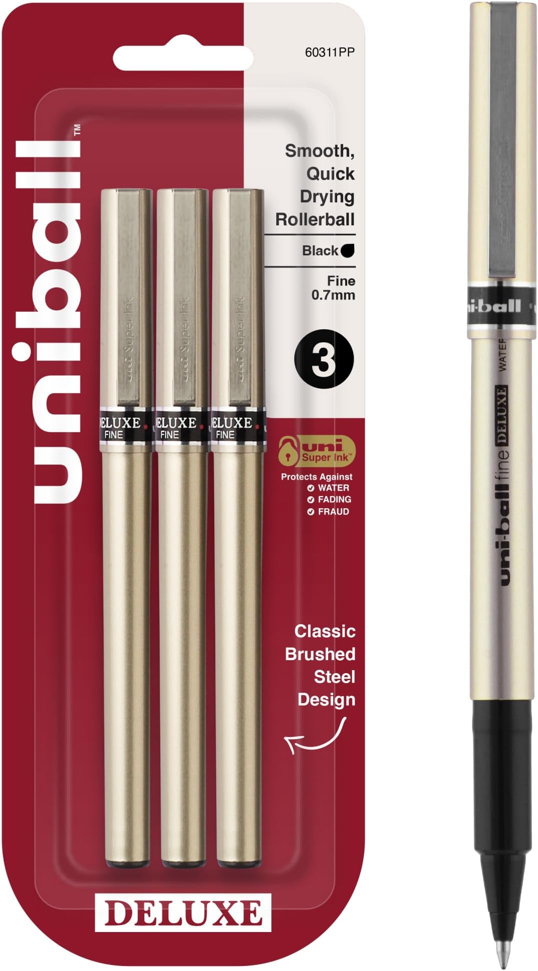 Uniball Deluxe 0.7mm Fine Point Rollerball Pen, 3 Black - Smooth Writing, Waterproof Ink, Office Supplies, Ballpoint Pen