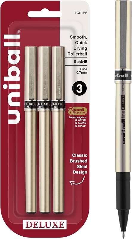 Uniball Deluxe - Bolígrafo de punta fina de 0,7 mm, 3 negros, escritura suave, tinta resistente al agua, suministros de oficina, bolígrafo