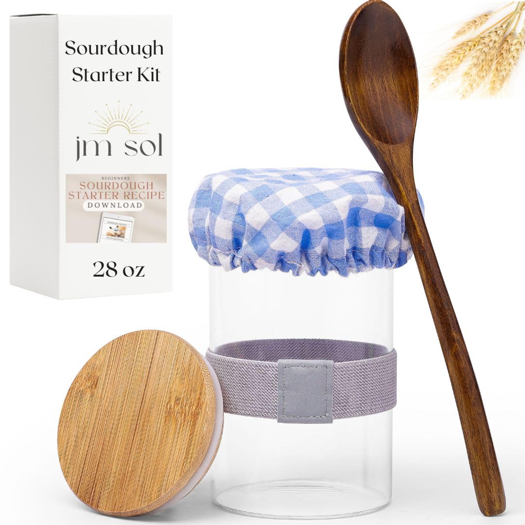 Sourdough Starter Glass Jar - 28 oz Wide Mouth Sourdough Starter Jar With Wooden Spoon, Cloth Cover, Feeding Band | Sourdough Crock With Bamboo Lid | Sourdough Starter Kit Bread Supplies