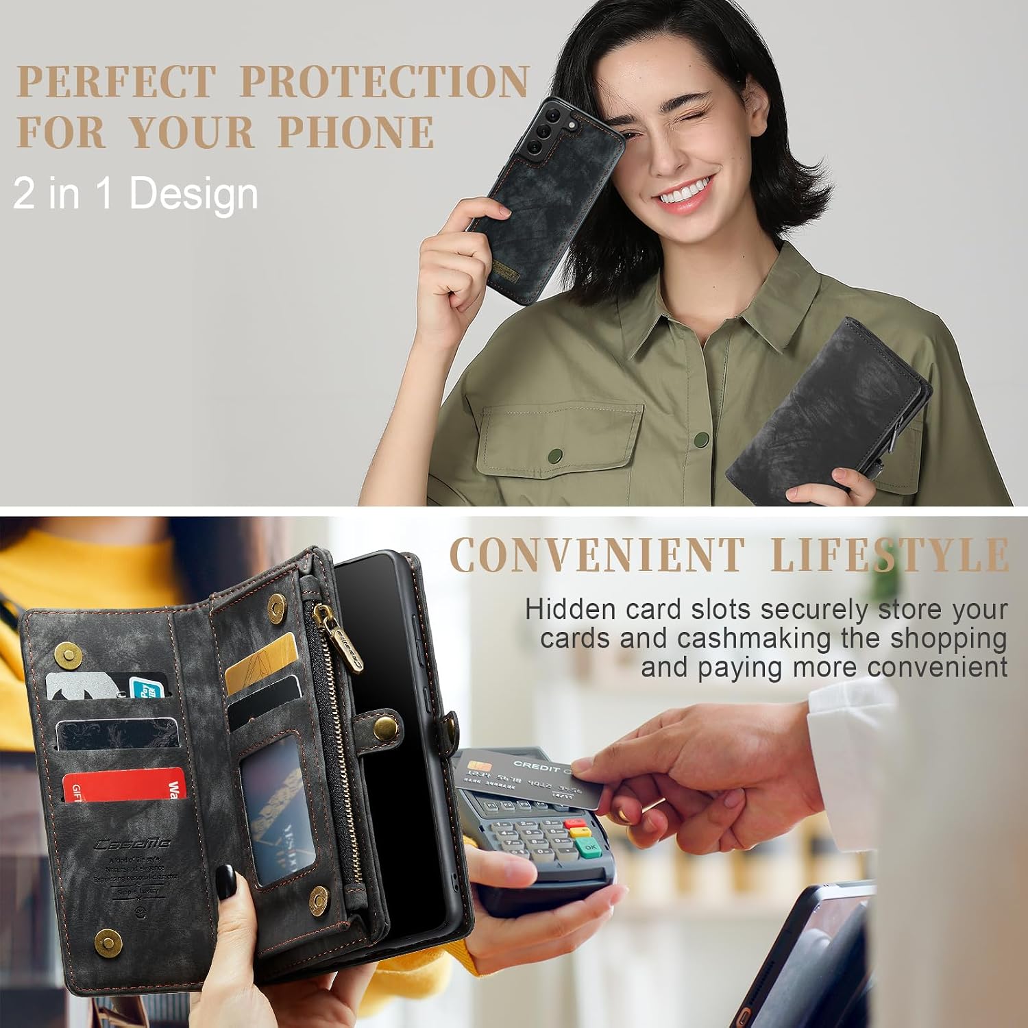 Wallet Case for Samsung Galaxy S21 FE with Card Holder Strap, Folio Leather Wallet, Removable Magnetic Shockproof Protective Back Cover, Zipper Wallet Case for Samsung Galaxy S21 FE Black