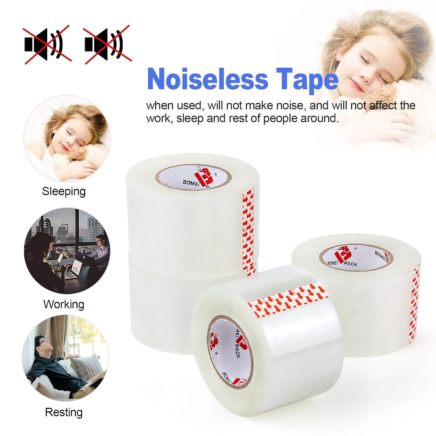 BOMEI PACK Heavy Duty Noiseless Packaging Tape Refills, 1.88" x 50 yd 4 Rolls, for Shipping, Mailing, Moving & Storage Clear Packing Tape Refills for Boxes, No Splitting or Tearing image 2