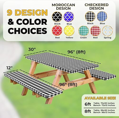 Miniatura 88 de RNOONY Funda de mesa de picnic de poliéster de 8 pies con fundas de banco, resistente al viento y al agua, perfecto para regalos de campamento