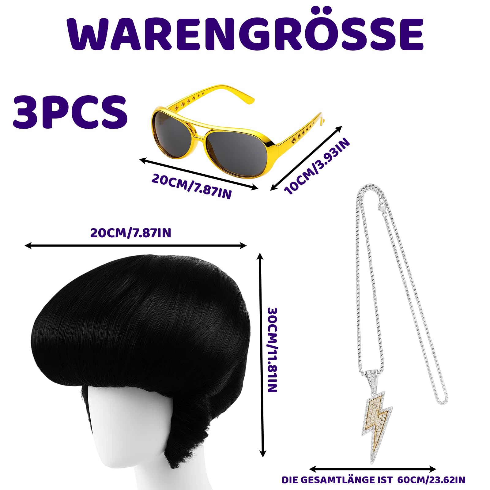 3 Pcs Set 50S Rock Legend Wig Accessories, Including Sunglasses Necklace, Men's Rock Singer Costume, 50 60 70S Style Disco Party, Halloween Cosplay - Image 2