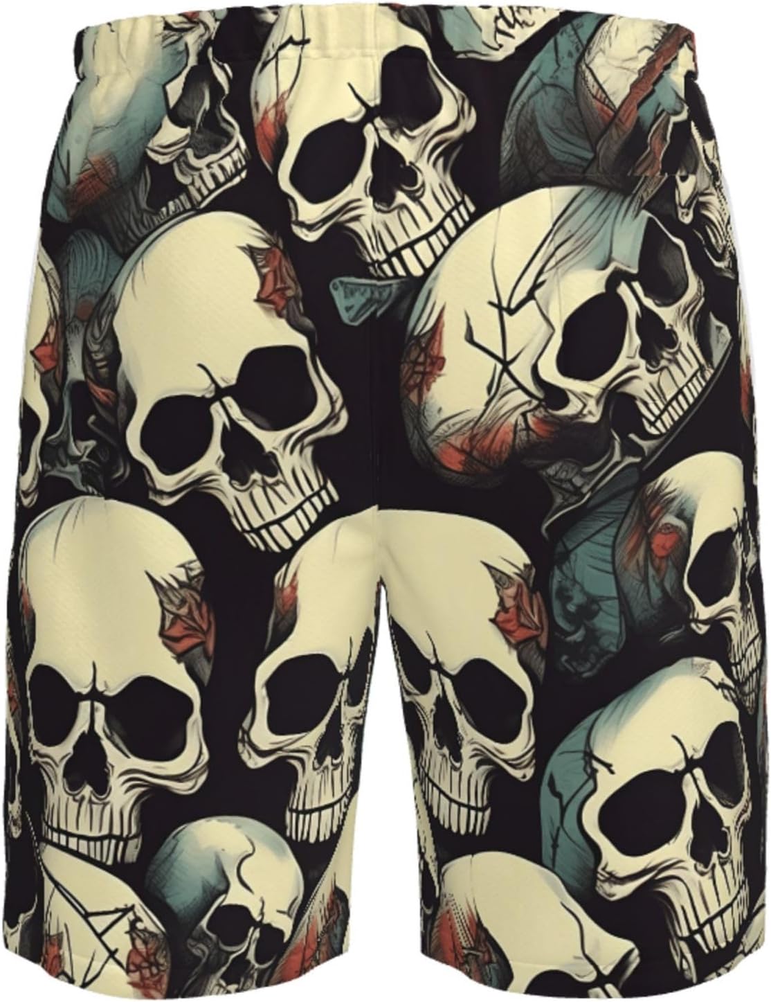 Skull Skeleton Print Mens Casual Shorts Drawstring Summer Beach Stretch Shorts Novelty Swimtrunks