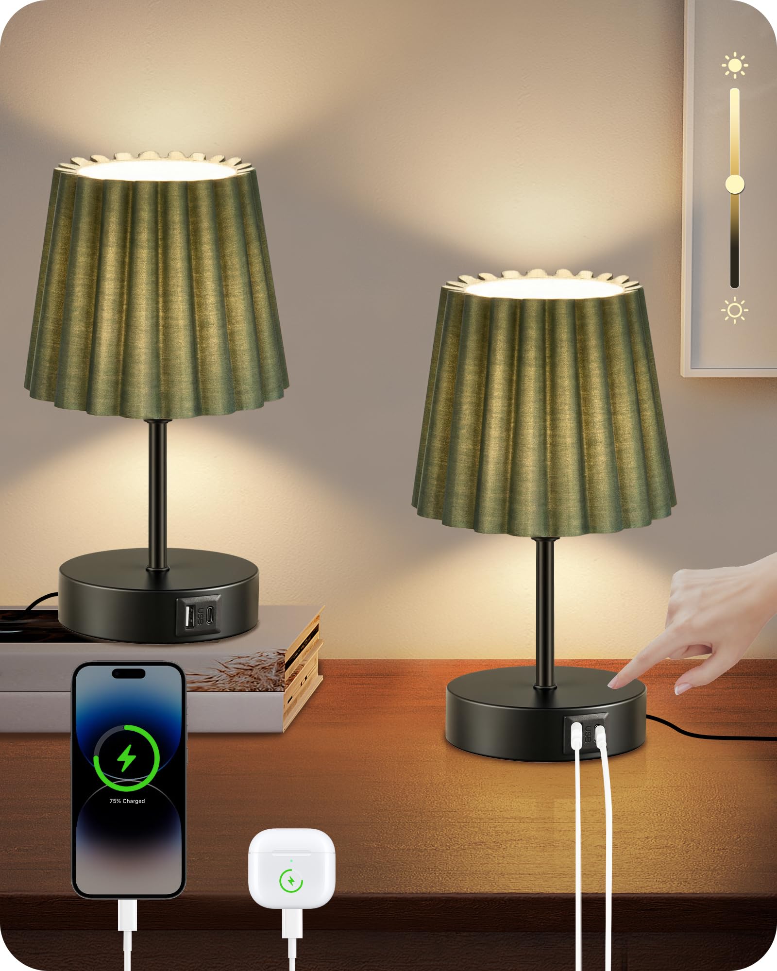 GOEBLESON Small Bedside Table Lamps Set of 2, Touch Dimmable Table Lamps with USB A & USB C Ports, Nightstand Lamps with 2 Stepless Dimming LED Bulbs, for Living Room, Bedroom, ZJ16TLKP205