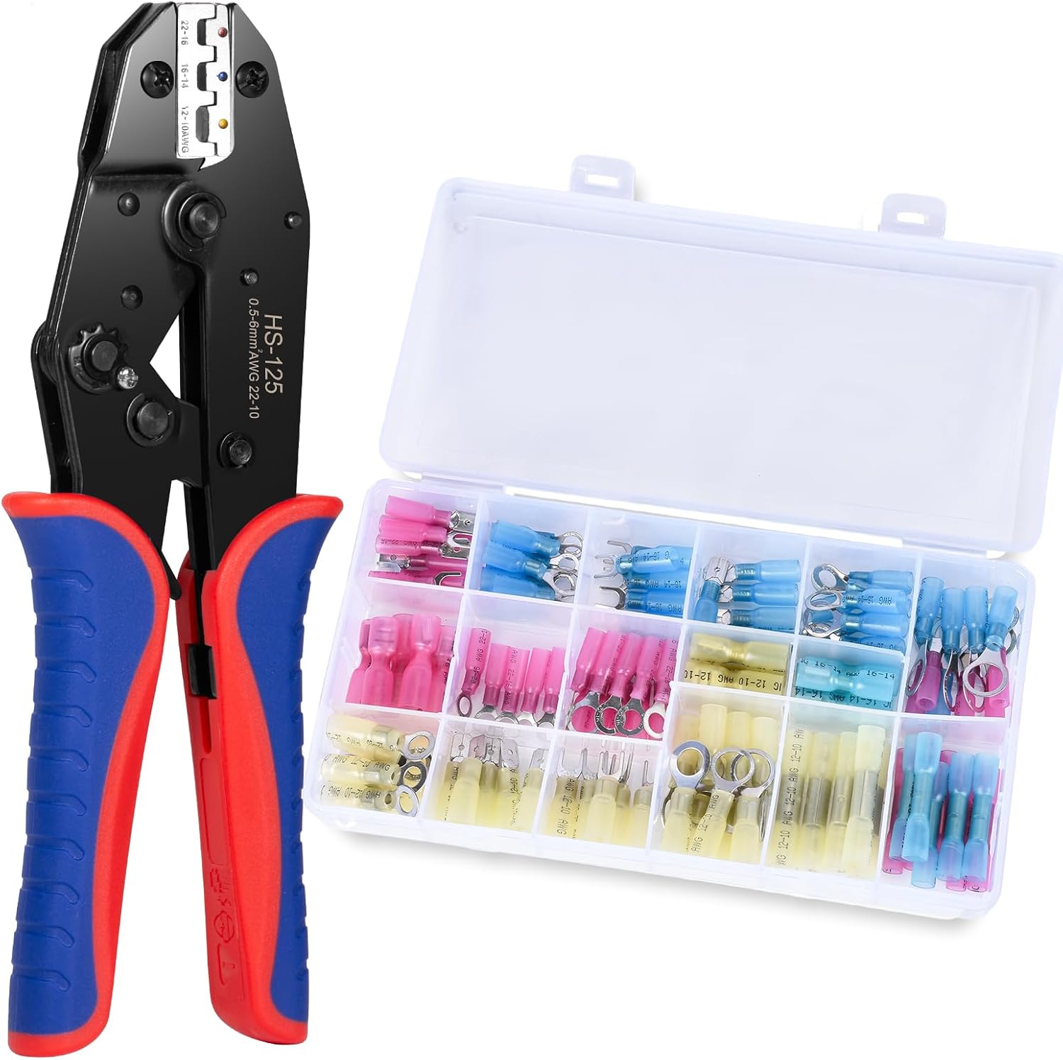 Wire Crimping Tool AWG 22-10 with 120PCS Heat Shrink Wire Connectors, Electrical Crimping Tool for Heat Shrink, Nylon, Non-Insulated Connectors, Wire Crimper Kit for Ring Fork Spade Splice