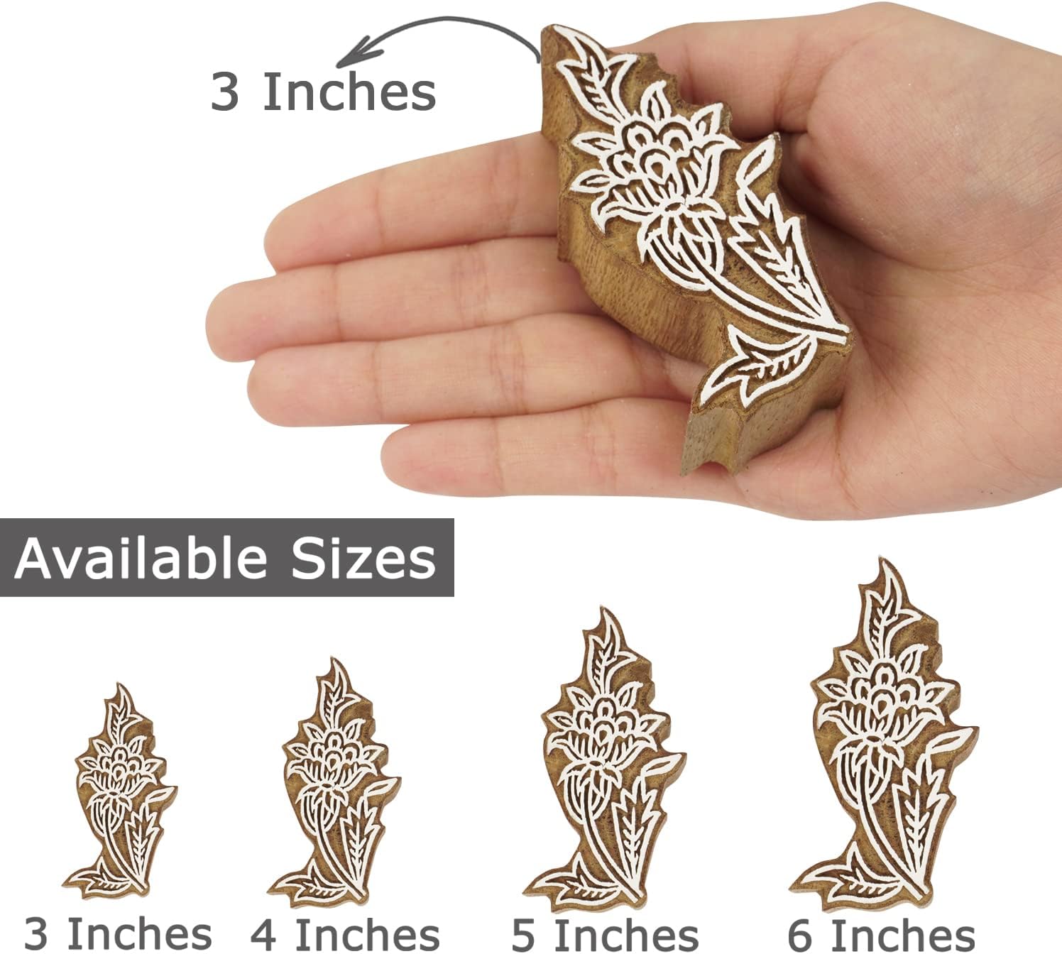 Textile Printing Block Floral Motif Hand Carved Wooden Stamp Wood Block Printing Textile Stamps for Fabric/Pottery Blocks,6 Inch