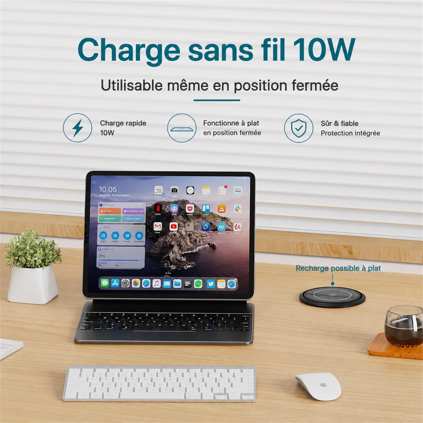 Bloc Prise Encastrable Automatique, Dinolink Multiprise Escamotable avec 4 Prises, 2 USB C(PD 20W), 2 USB A(18W), Chargeur sans Fil 10W, Câble de 2M, Ø 100MM, pour Bureau, Cuisine
