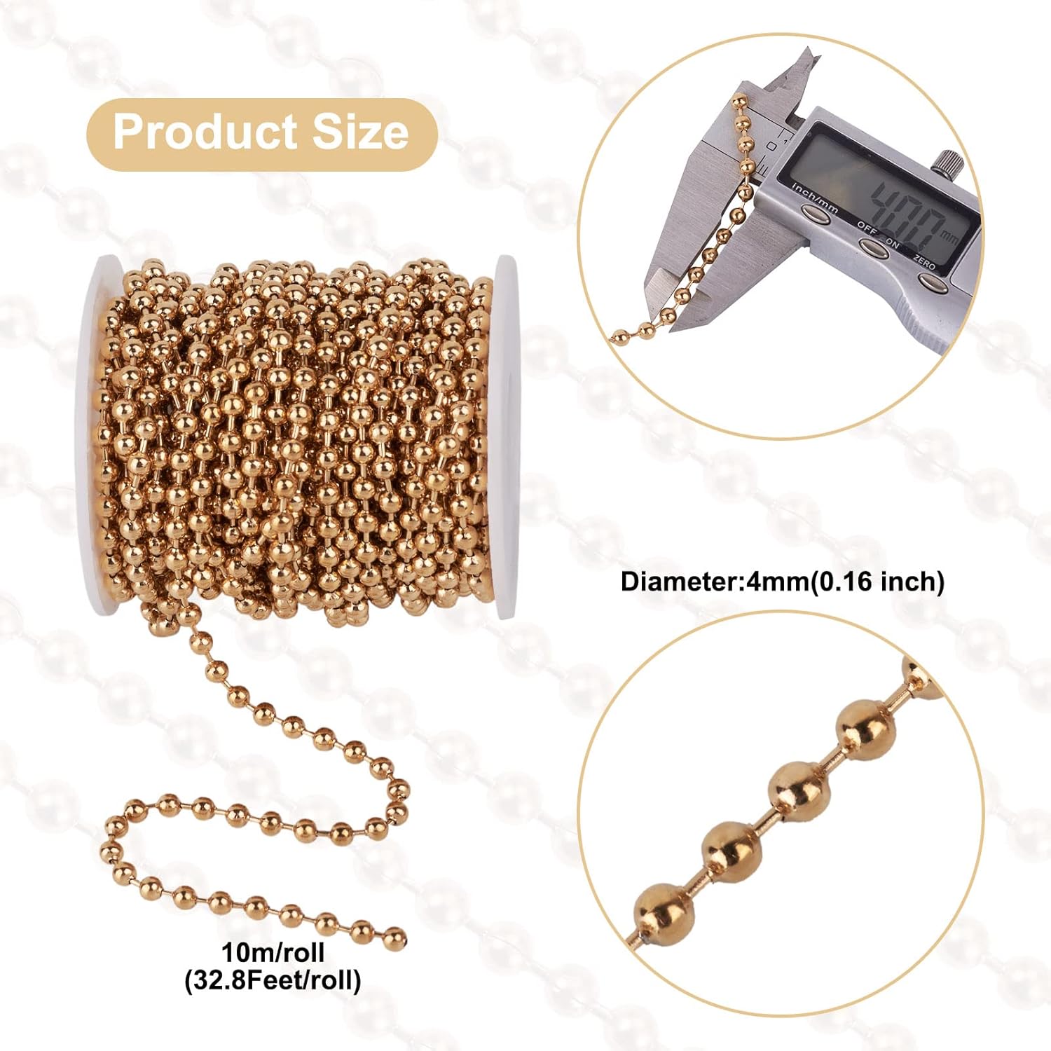 FASHEWELRY 32.8 Feet Stainless Steel Ball Bead Chains 4mm Metal Beaded Pull Chain Extension for DIY Jewelry Making (Golden)