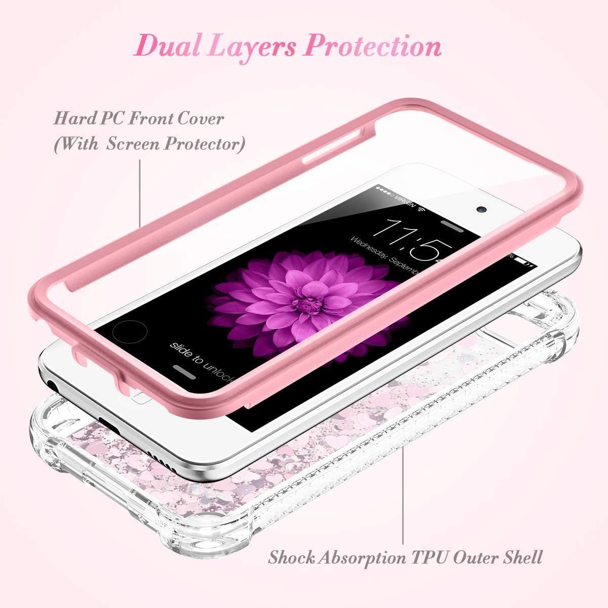 Caka iPod Touch 7 Case, iPod Touch 6 Case, iPod Touch 7th 6th 5th Generation Case for Girls with Screen Protector Glitter Bling Liquid Sparkle Girls Women Case for iPod Touch 5 6 7 (Rose Gold)