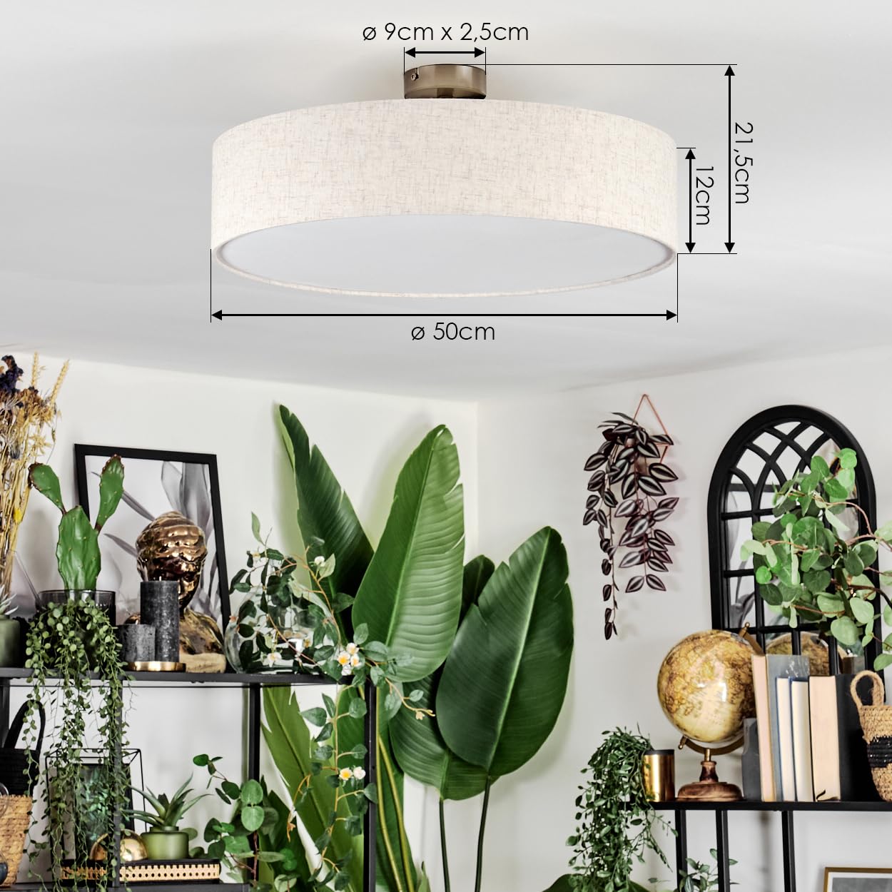 HOFSTEIN Deckenleuchte Foggia, Deckenlampe aus Metall/Kunstleinen/Kunststoff in Nickel-matt/Natur/Beige/Weiß, moderne Leuchte (Ø 50cm), E27, Esszimmer, Wohnzimmer, Schlafzimmer, Küche, Flur
