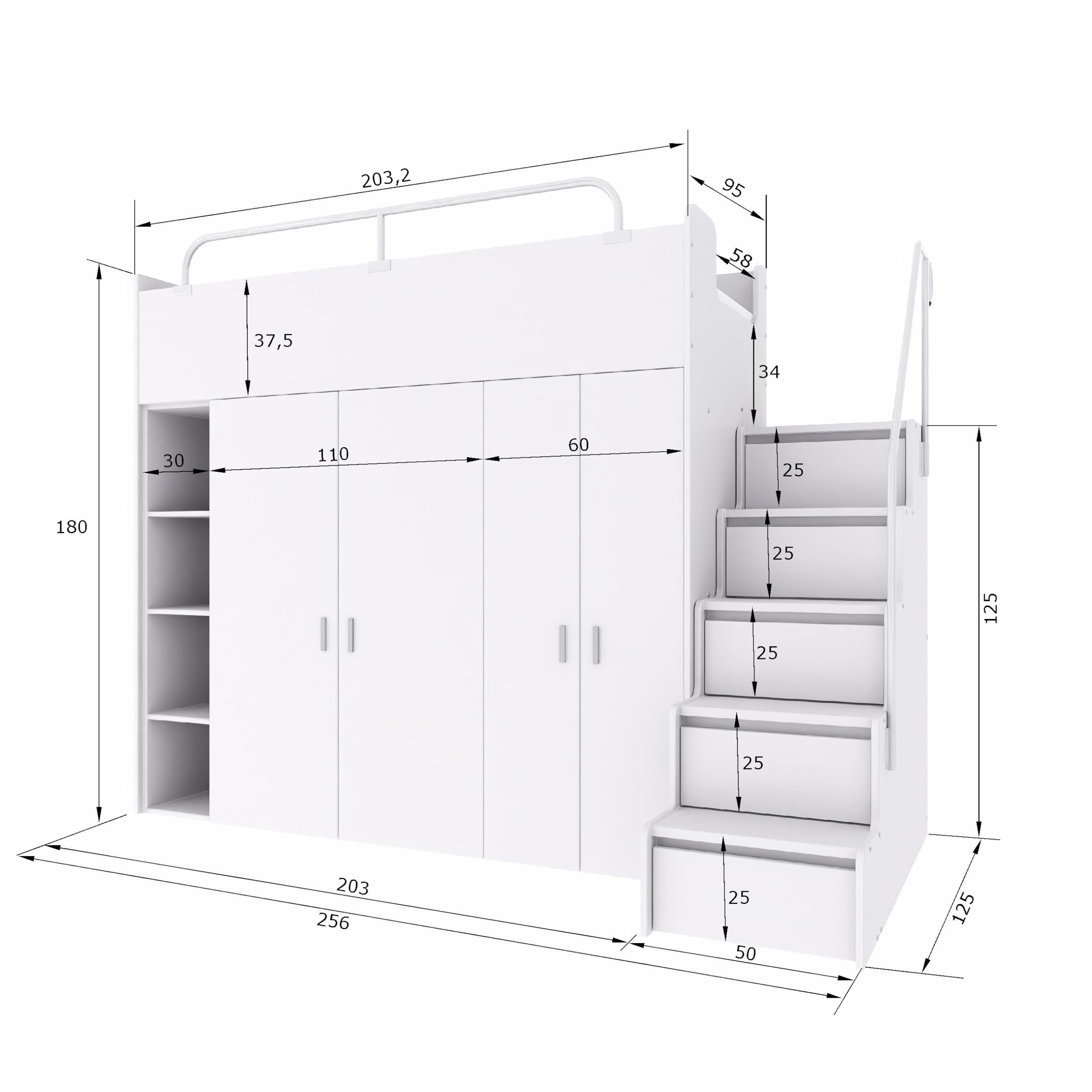 Hochbett Kinderbett JSM-2 90x200 mit Zwei Kleiderschränken, Bücherregal und Treppe Hochglanz Etagenbett Stockbett Jugendhochbett (Weiß Glanz)