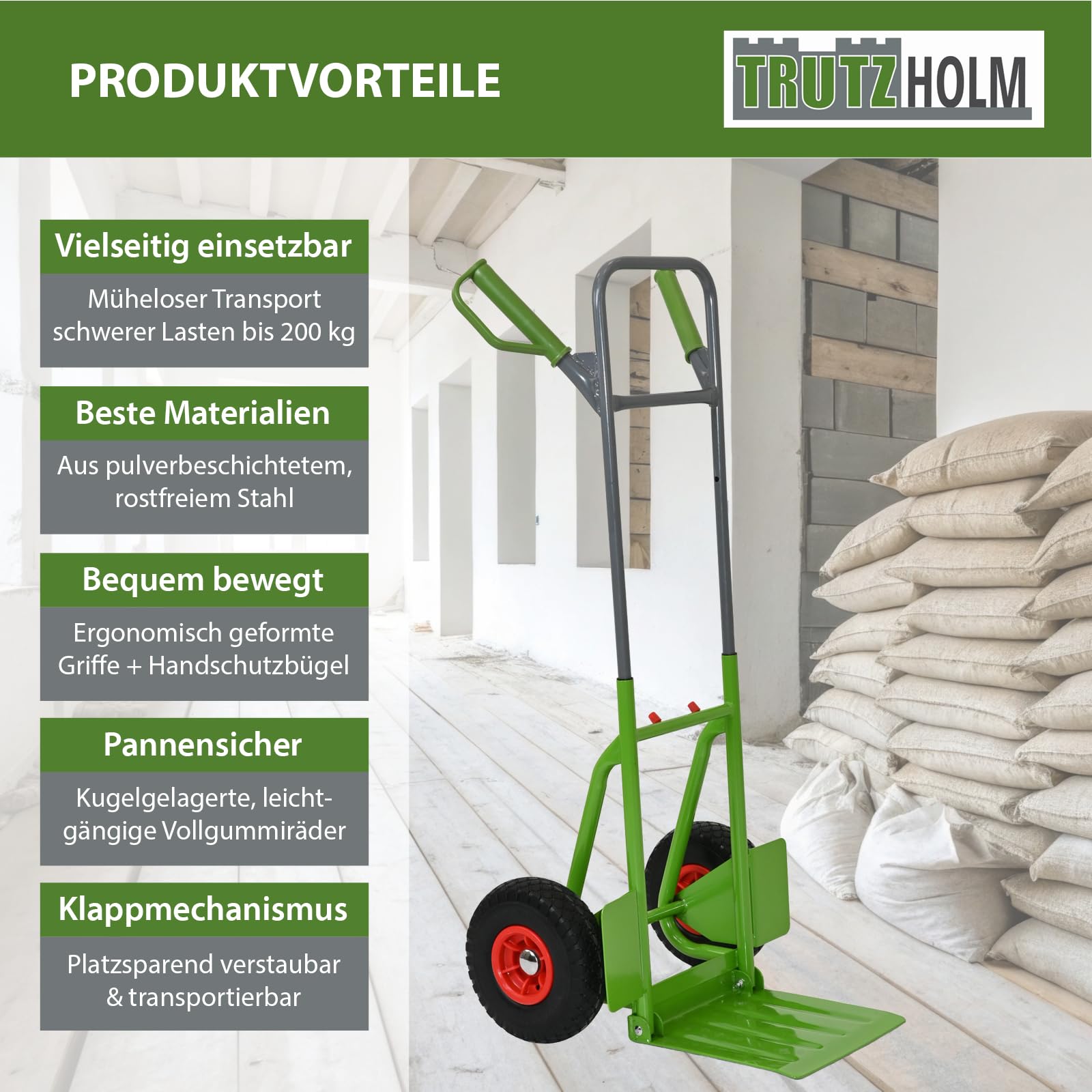 TRUTZHOLM Sackkarre pulverbeschichteter Stahl Tragkraft 200 kg 112,5 cm Höhe große klappbare Ladefläche 29x29 cm pannensichere Vollgummiräder ergonomische Sicherheitsgriffe mit Handschutzbügel