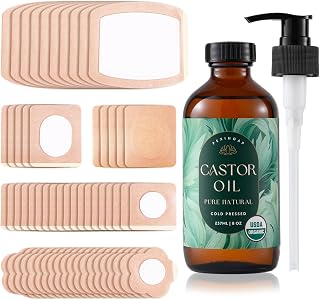60Pcs Castor Oil Patch Set Castor Oil Pack with 8oz Organic Cold Pressed in Glass Bottle, Disposable, Leakproof