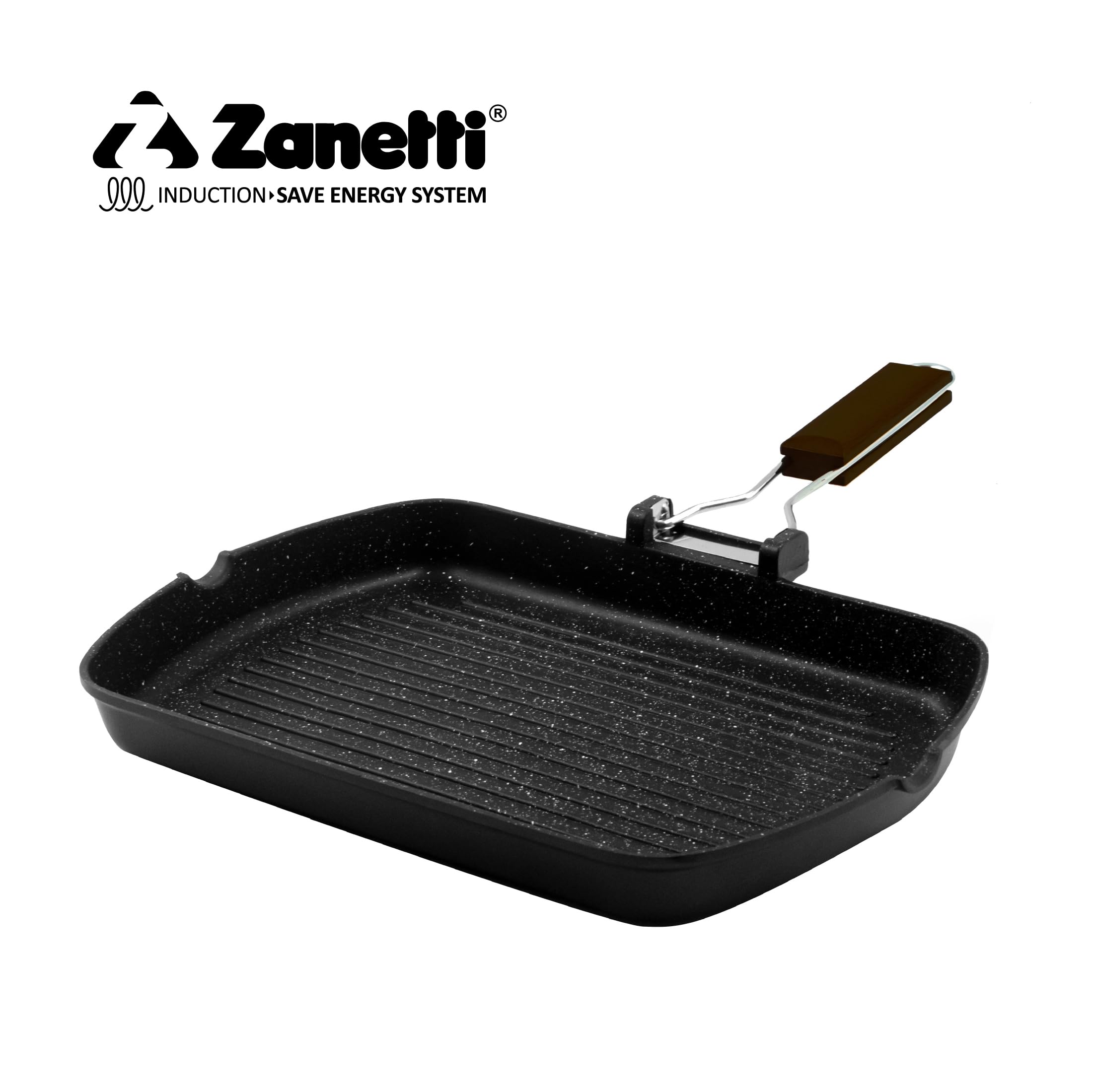 Zanetti, Bistecchiera 26 x 36 cm, Piastra grill in Alluminio Pressofuso ad Alto Spessore, Piastra Grill adatta ai Piani ad Induzione, Manico Pieghevole