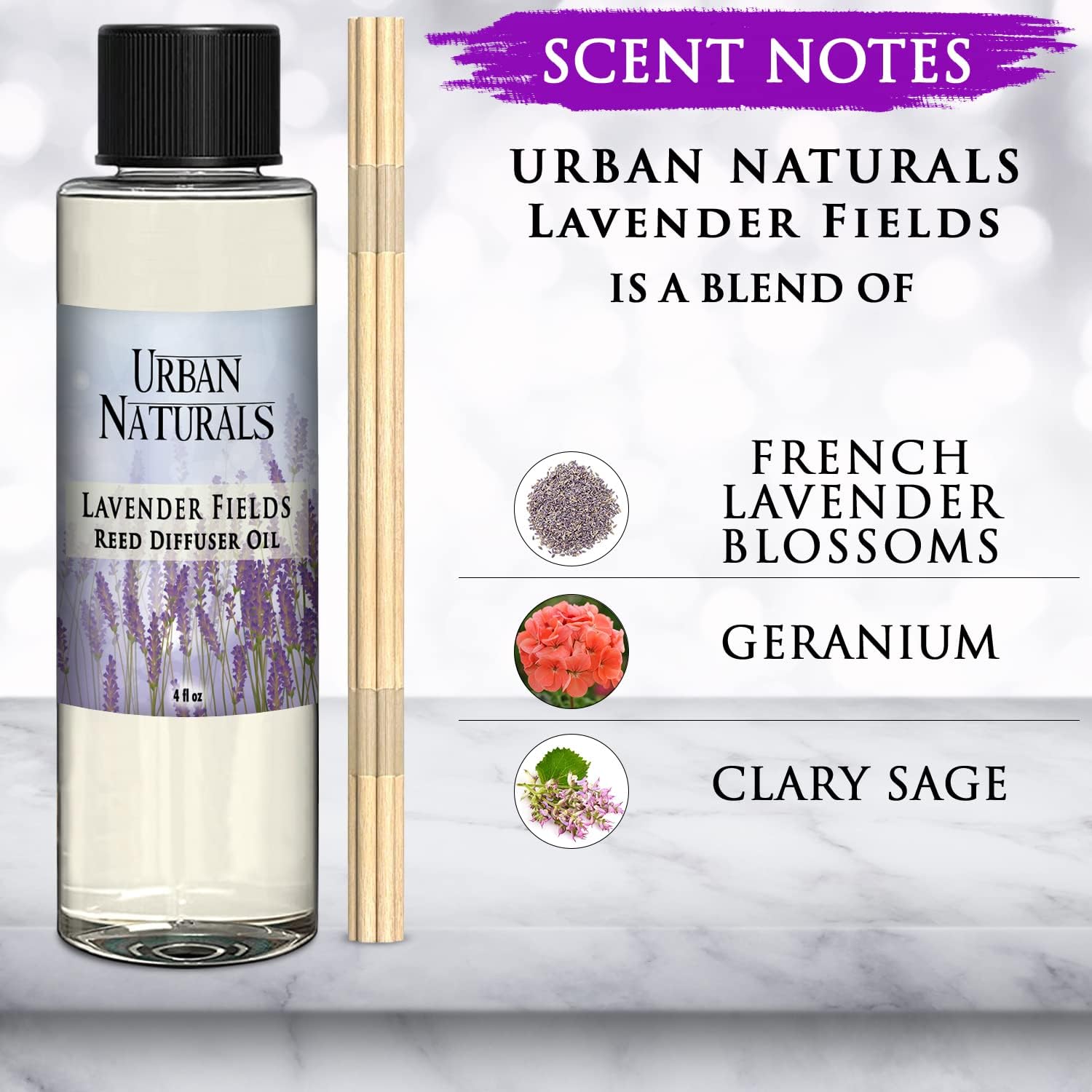 Urban Naturals Lavender Fields Reed Diffuser Refill, 4 oz, Bundle with Lavender Fields Reed Diffuser Set - Made with Essential Oils in The USA