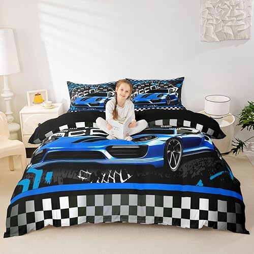 Vista 154 de Juego de ropa de cama de coche de carreras, avión, negro, gris, blanco, funda de edredón de coche deportivo de velocidad para niños, adolescentes