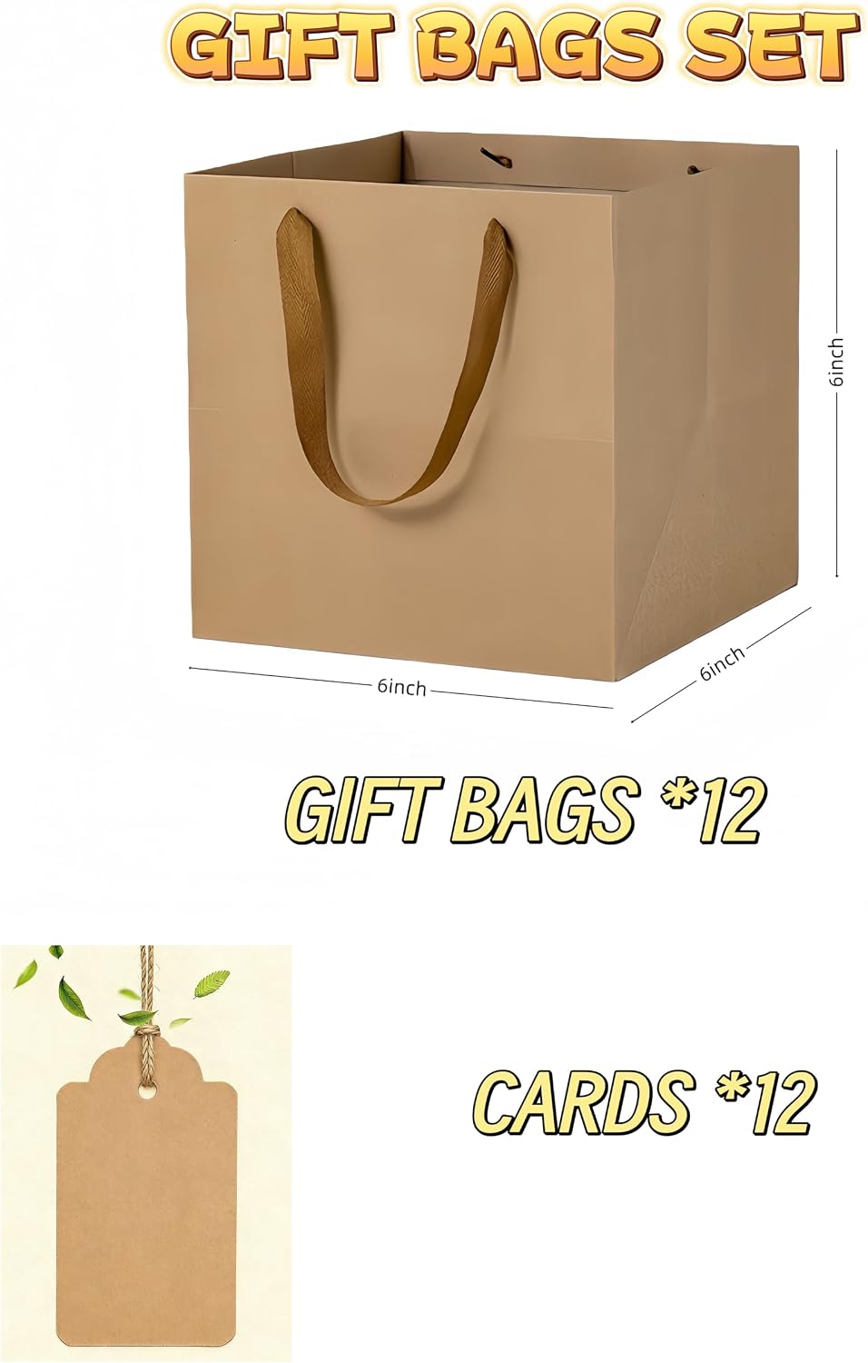 Treelement 12 Pack 6x6x6 inch Brown Square Gift Bags with Gift Tags image 5