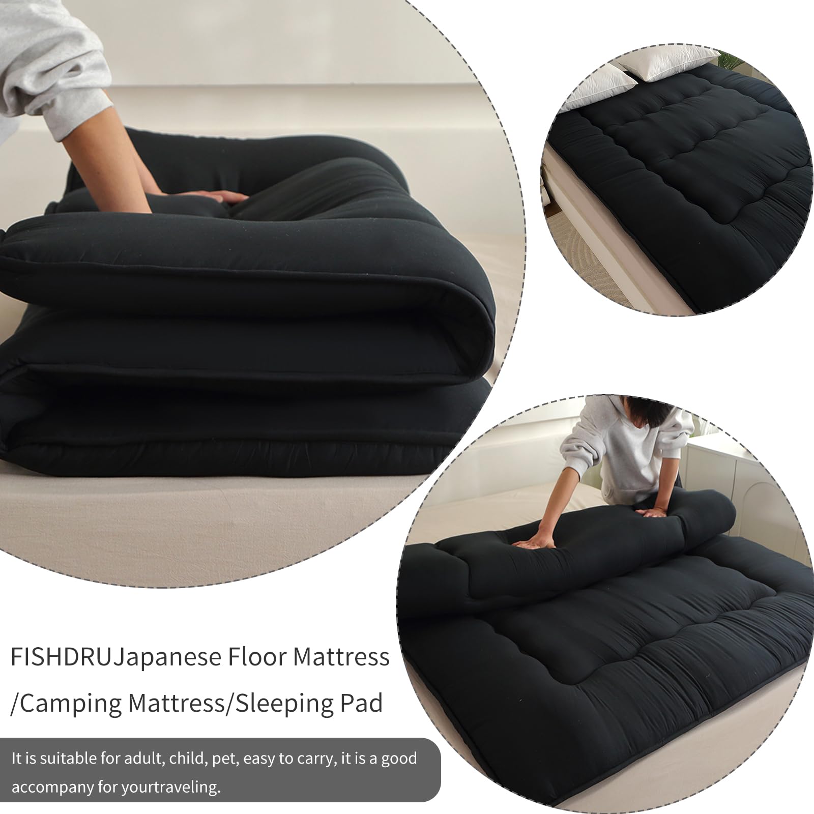 Colchón futón, colchón japonés, cama de suelo japonesa, cama de tatami plegable, colchón enrollable para habitación de invitados, dormitorio (azul marino, colchón queen (152 x 203 cm)