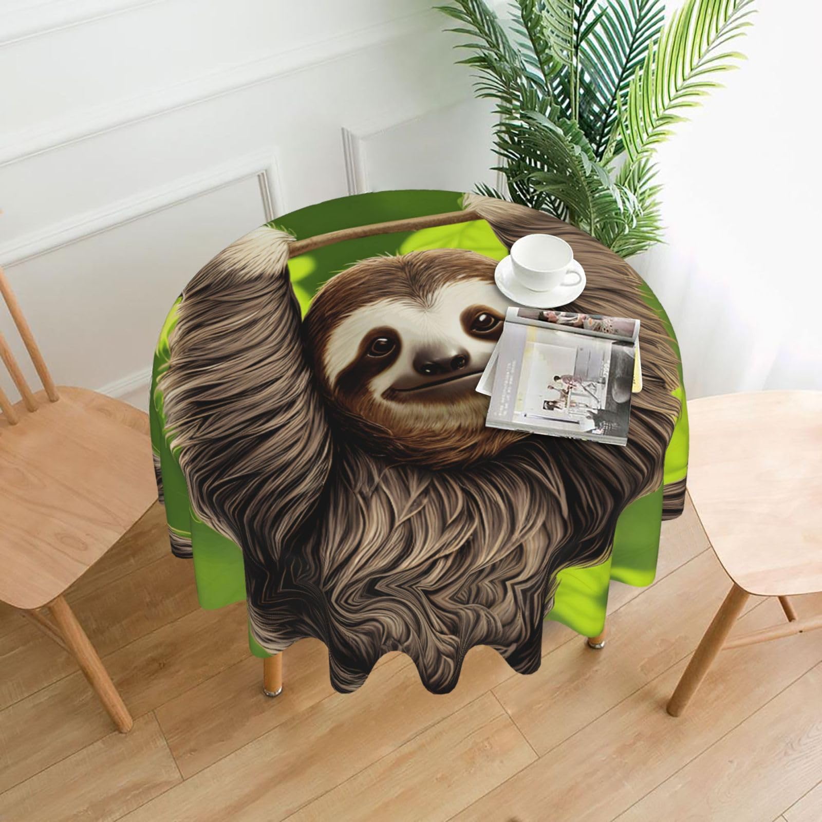Hjfczh Black Cute Sloth Prints Round Table Throw 60 Inch - Waterproof Table Cover - Soft & Wrinkle Resistant Decor Layer For Dinners, Parties & Everyday Use