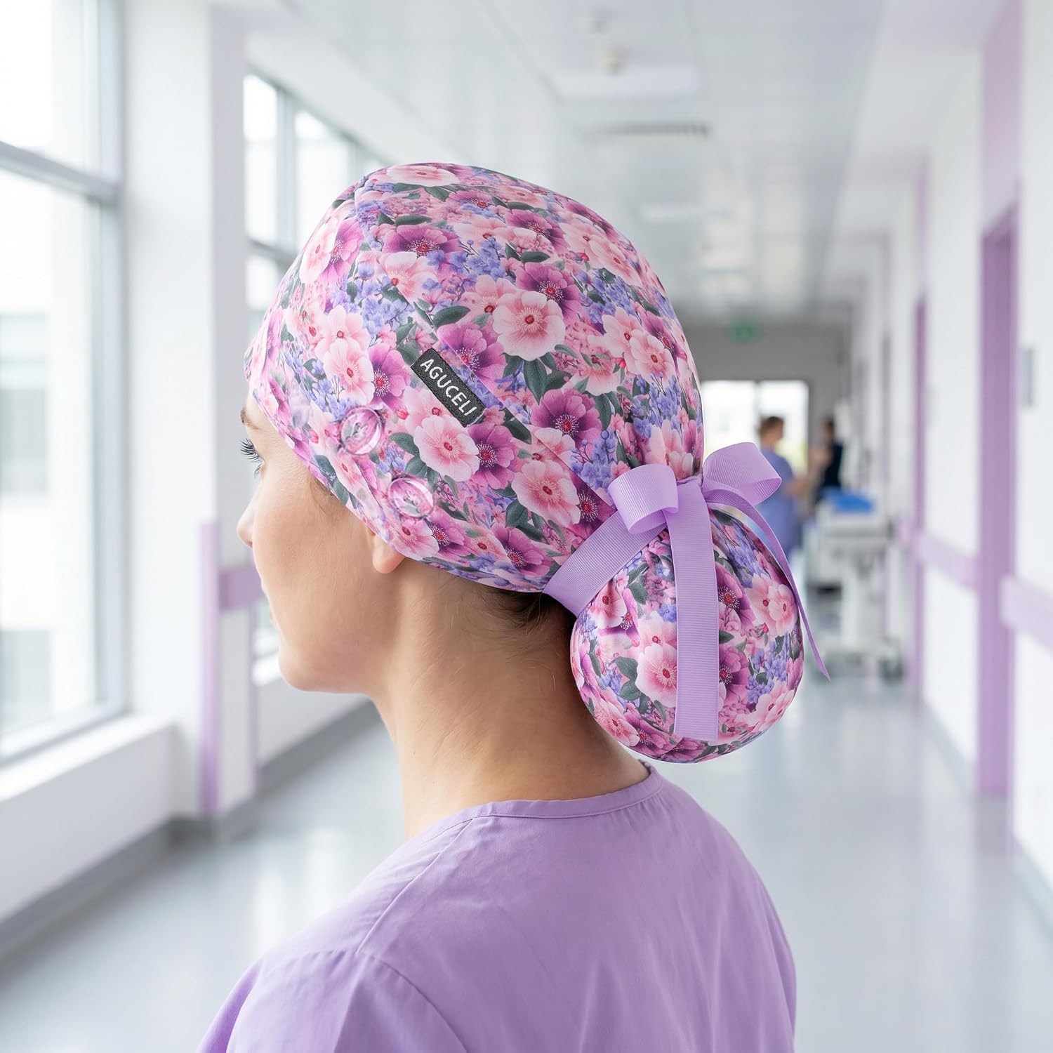 Women's Satin Lined Scrub Cap with Ponytail Holder Pouch, Adjustable Tie Back, Floral Printed Surgical Nurse Cap (Purple)