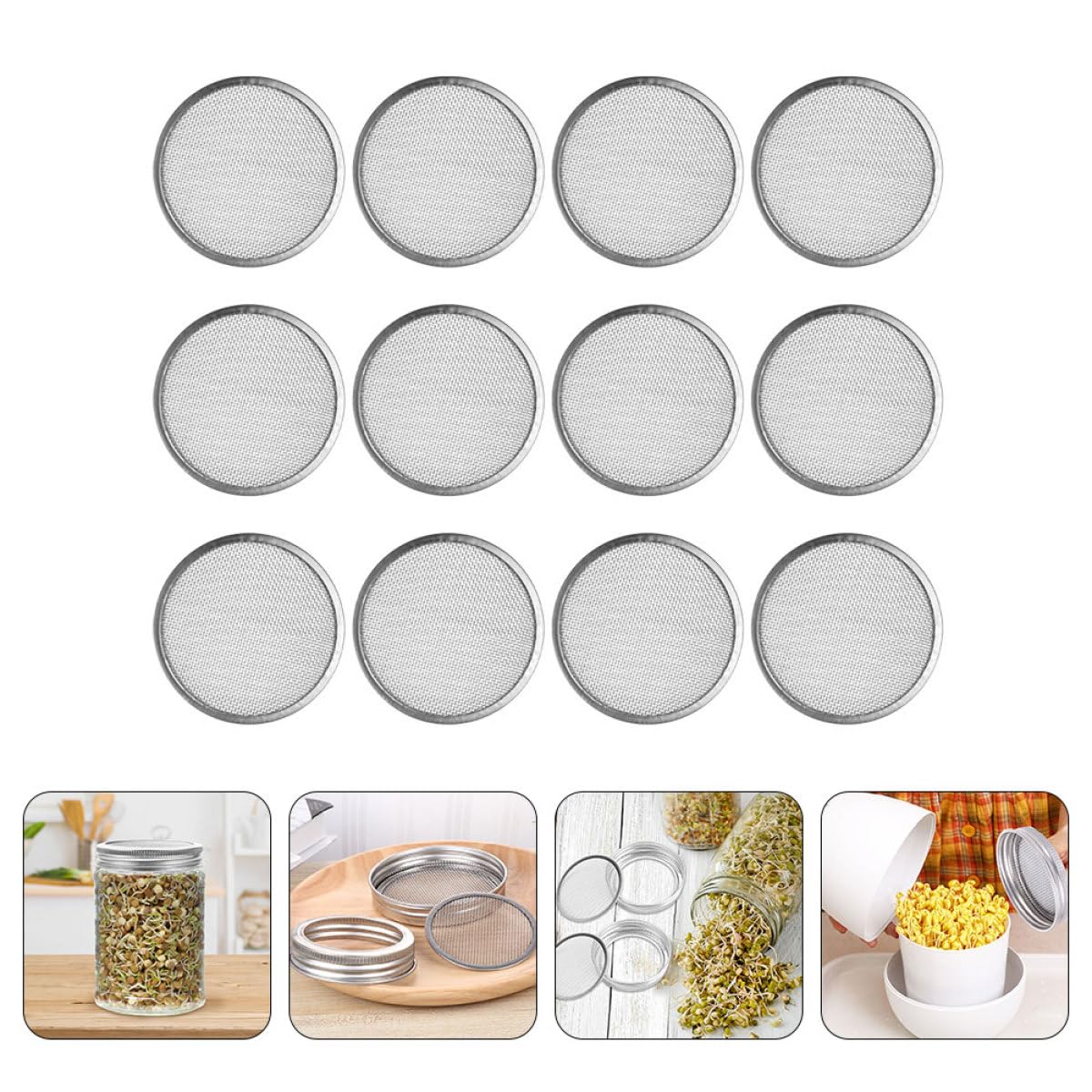 SHINEOFI Tapas de Malla de Acero Inoxidable 304 para Frascos de Germinación de Boca Ancha, Kit de 6 Unidades Anillo de Sellado 70 Mm, Filtro Ventilado para Cultivo de Brotes en Cocina