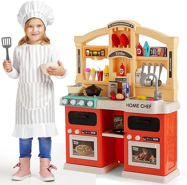 Maxmass Large Kids Play Kitchen, 69PCS Pretend Kitchen Toy Set with Sound, Lights, Steam & Boil Effects, Children Cooking Role Playset for Boys Girls