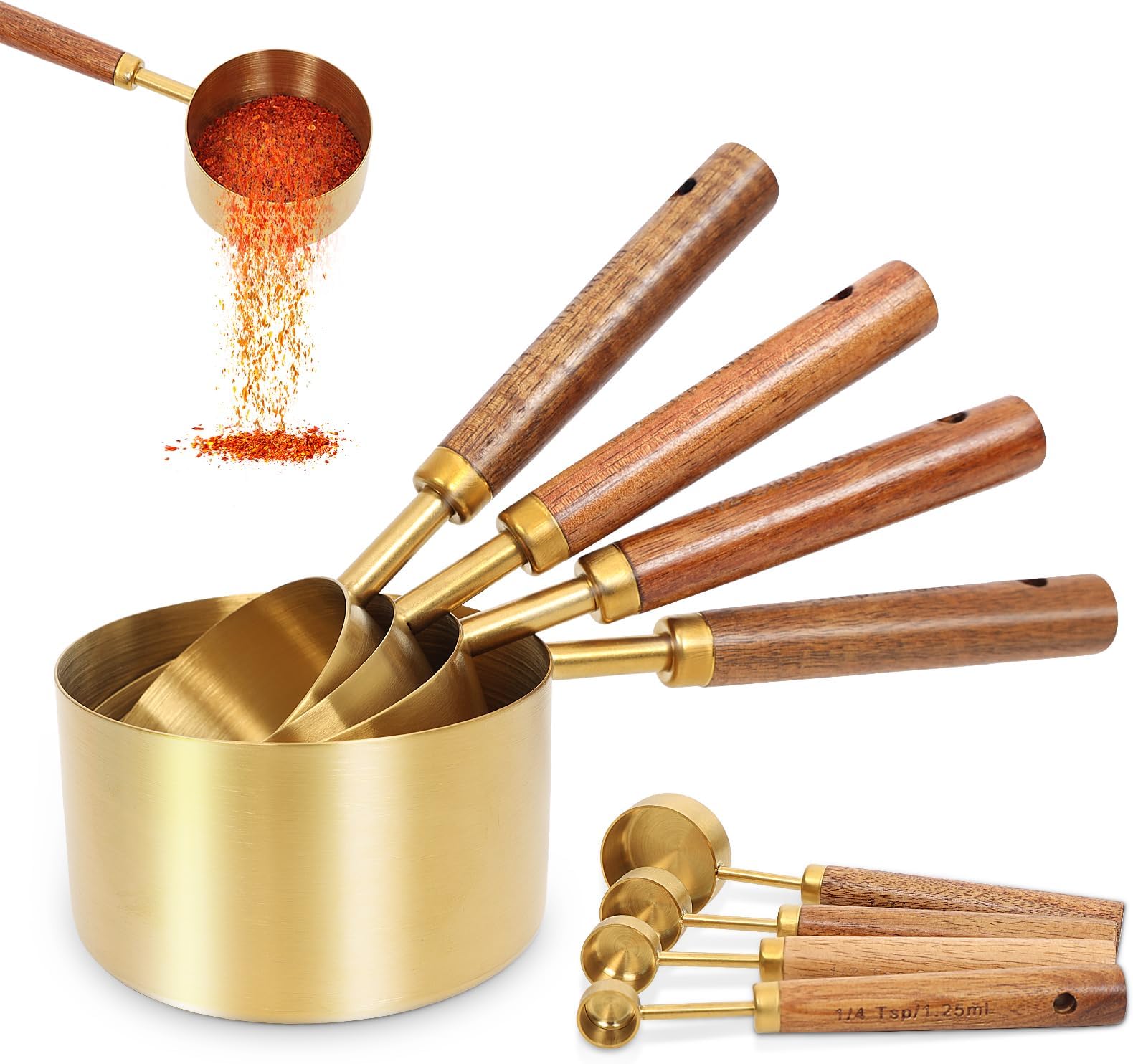 Gold Measuring Cups Set of 8, US Measurements with Metric and Fragrant Wood Handle, Stainless Steel Measuring Cups for Kitchen, Cooking, Baking, Dry & Liquid