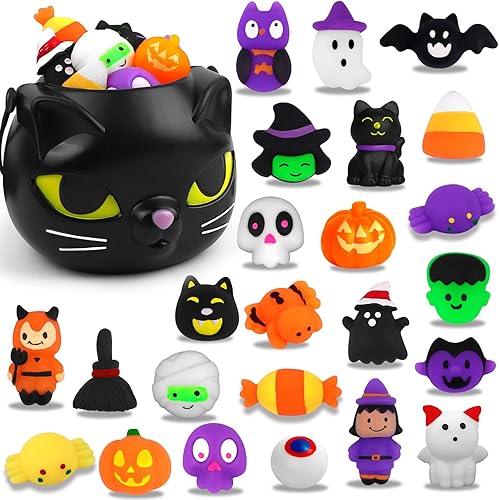 YUJUN 24 juguetes blandos Mochi de Halloween con caldero negro, mini juguetes esponjosos kawaii, juguetes para aliviar el estrés para fiestas de