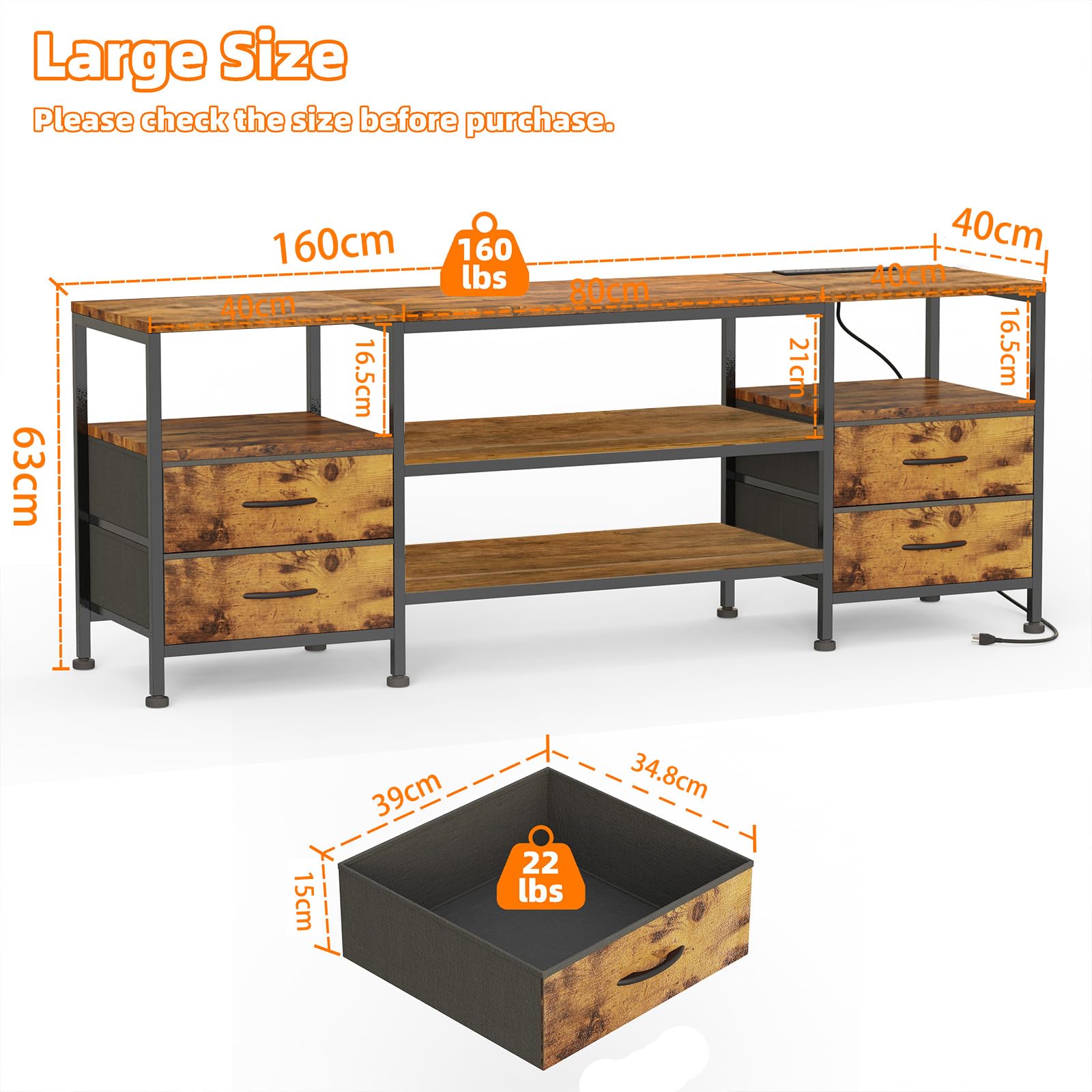 Mobile TV con Luci LED, 2 Porte USB e 4 Prese, Supporto TV fino a 70 Pollici, 4 Cassetti e 4 Scomparti, Struttura in Acciaio, 160x63x40 cm, per Soggiorno e Camera da Letto, Marrone Rustico