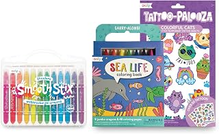 Ooly Smooth Stix Gel Crayons for Kids & 50 Glitter Temporary Tattoos For Kids, Safe & Non-Toxic [Colorful Cats] & Travel Art Kit with 9 Jumbo Crayons & 48 Themed Coloring Pages & Case - Sea Life