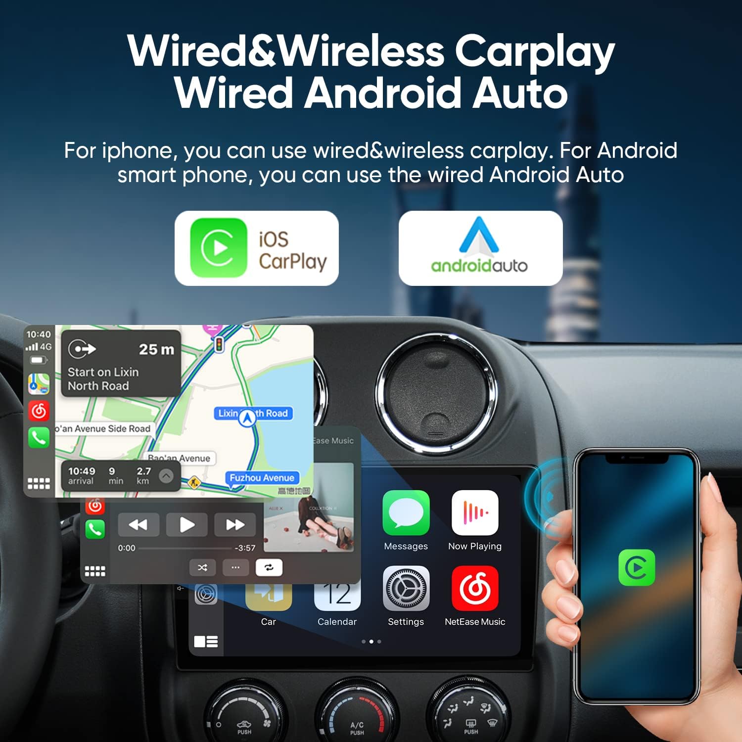 Image showing the car radio display with a smartphone, illustrating wired and wireless CarPlay and wired Android Auto connections.