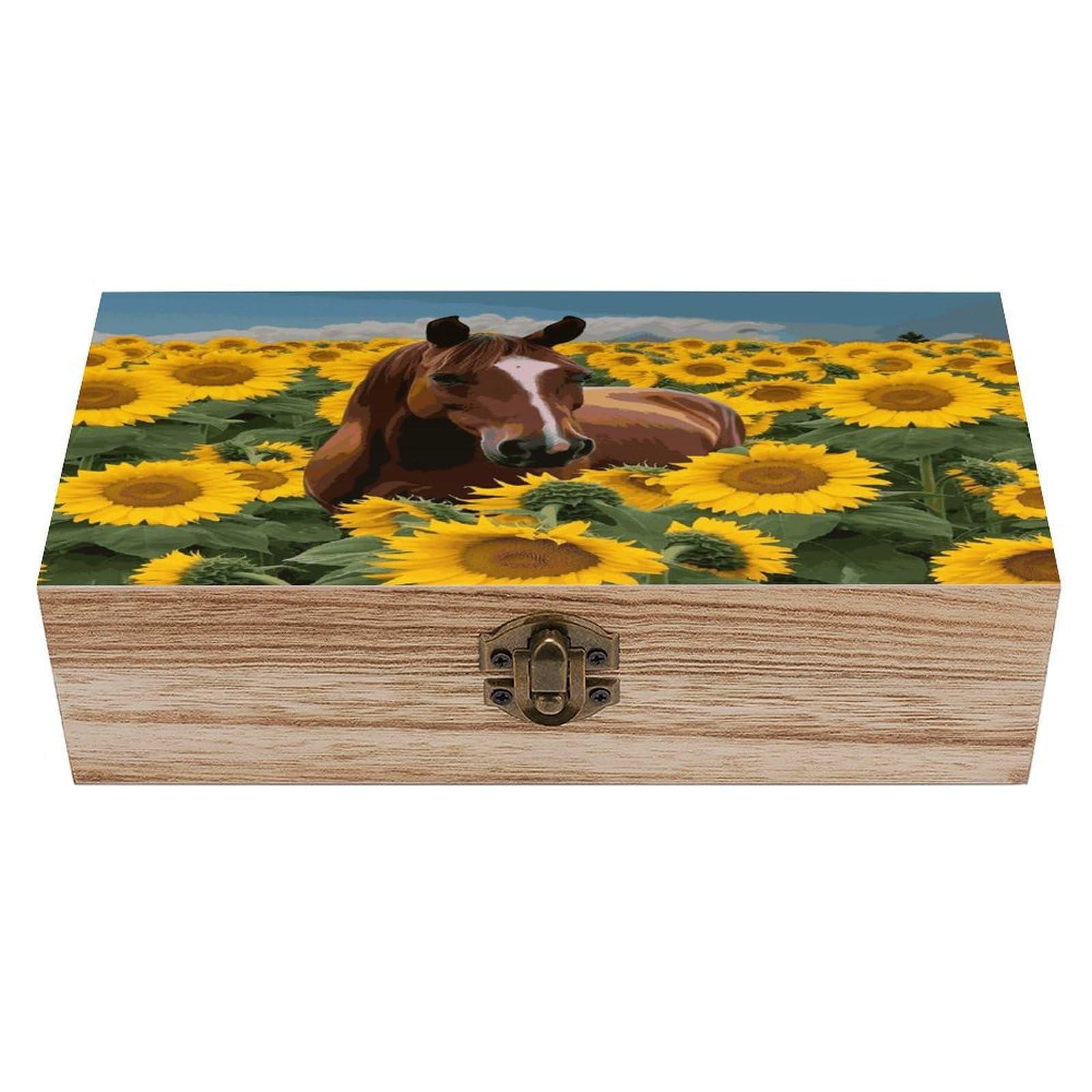 Btcowzrv Style Horse And Sunflower Wooden Storage Box, Keepsake Box With Hinged And Retro Lock, Wood Jewelry Organizer For Photos & Mementos And Home Decor