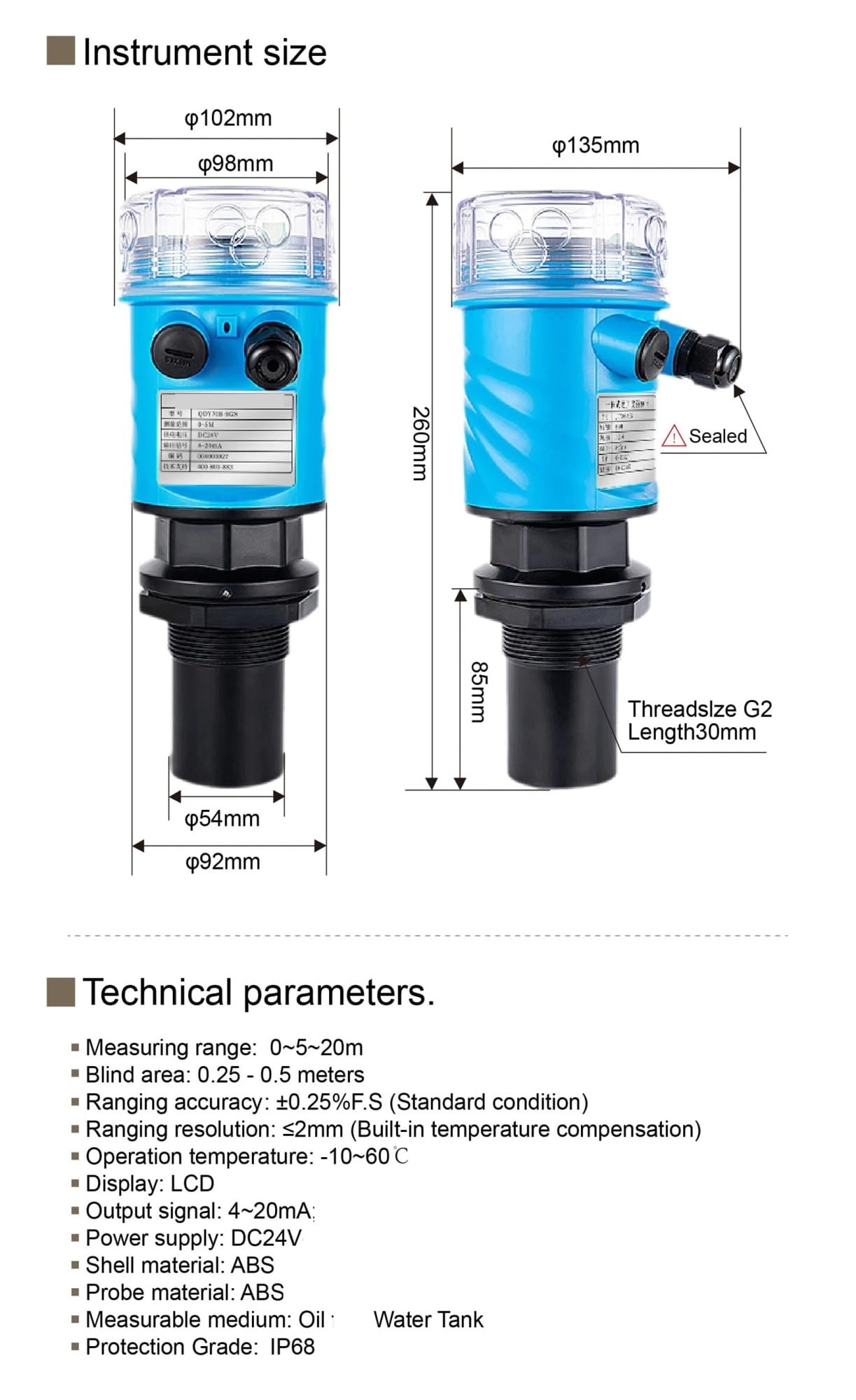 Trasmettitore di livello impermeabile RS485 4-20mA 0-10m Sensore di liquido senza contatto for serbatoio acqua industriale(0-5m-4-20MA-2-Wire)