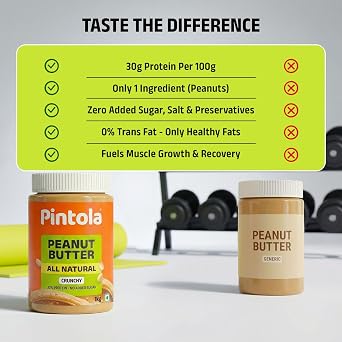 Pintola All Natural Peanut Butter Crunchy 1kg | Unsweetened | 30g Protein | No Palm Oil, Natural, No Added Sugar, Vegan and Single Origin Peanuts | sugar free peanut butter | 100% Pure | Nut Butter