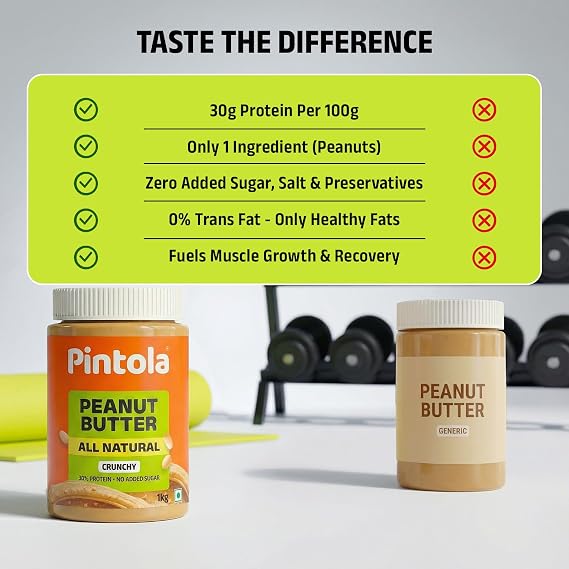 Pintola All Natural Peanut Butter Crunchy 1kg | Unsweetened | 30g Protein | No Palm Oil, Natural, No Added Sugar, Vegan and Single Origin Peanuts | sugar free peanut butter | 100% Pure | Nut Butter