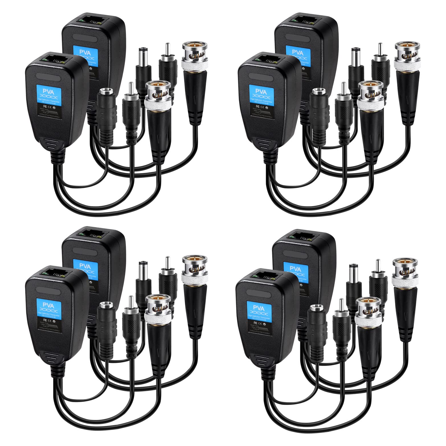 Passive Video Balun Connectors 4 Pairs Video Power Balun Audio Connector BNC to RJ45 Network Transceiver Cat5e/Cat6 BNC to ethernet Adapter AHD/TVI/CVI/CVBS For 720P-2MP Full HD Security Camera System